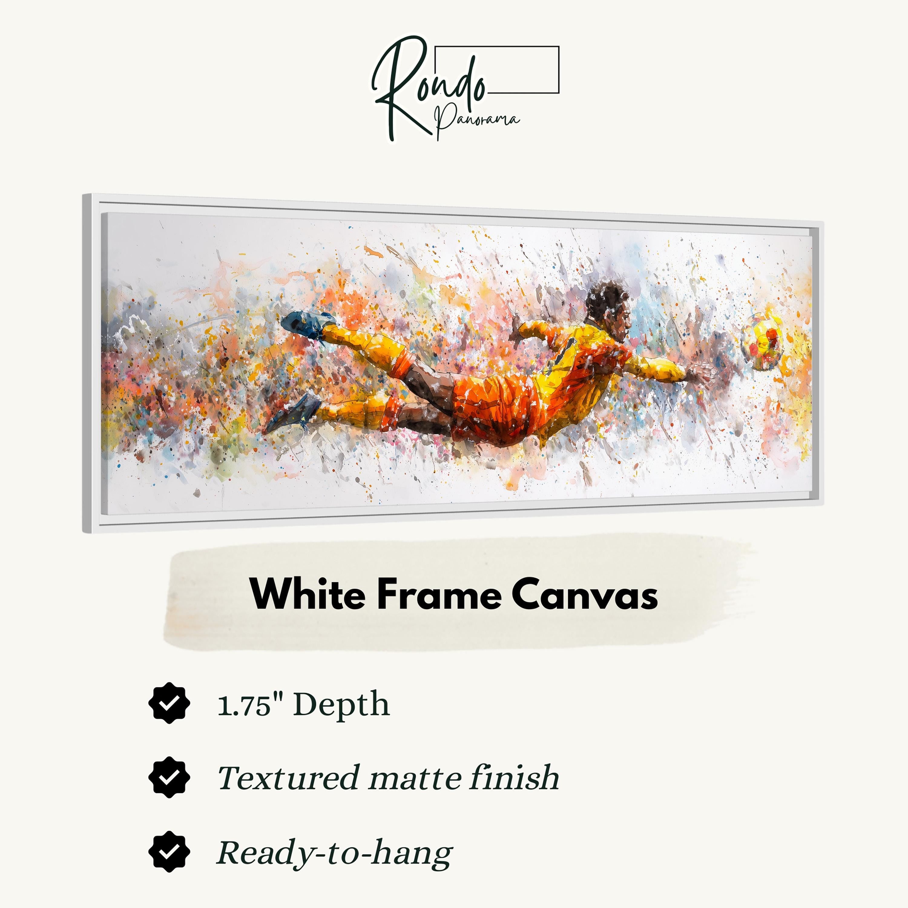 The image is a white frame canvas depicting a soccer player diving to make a save.