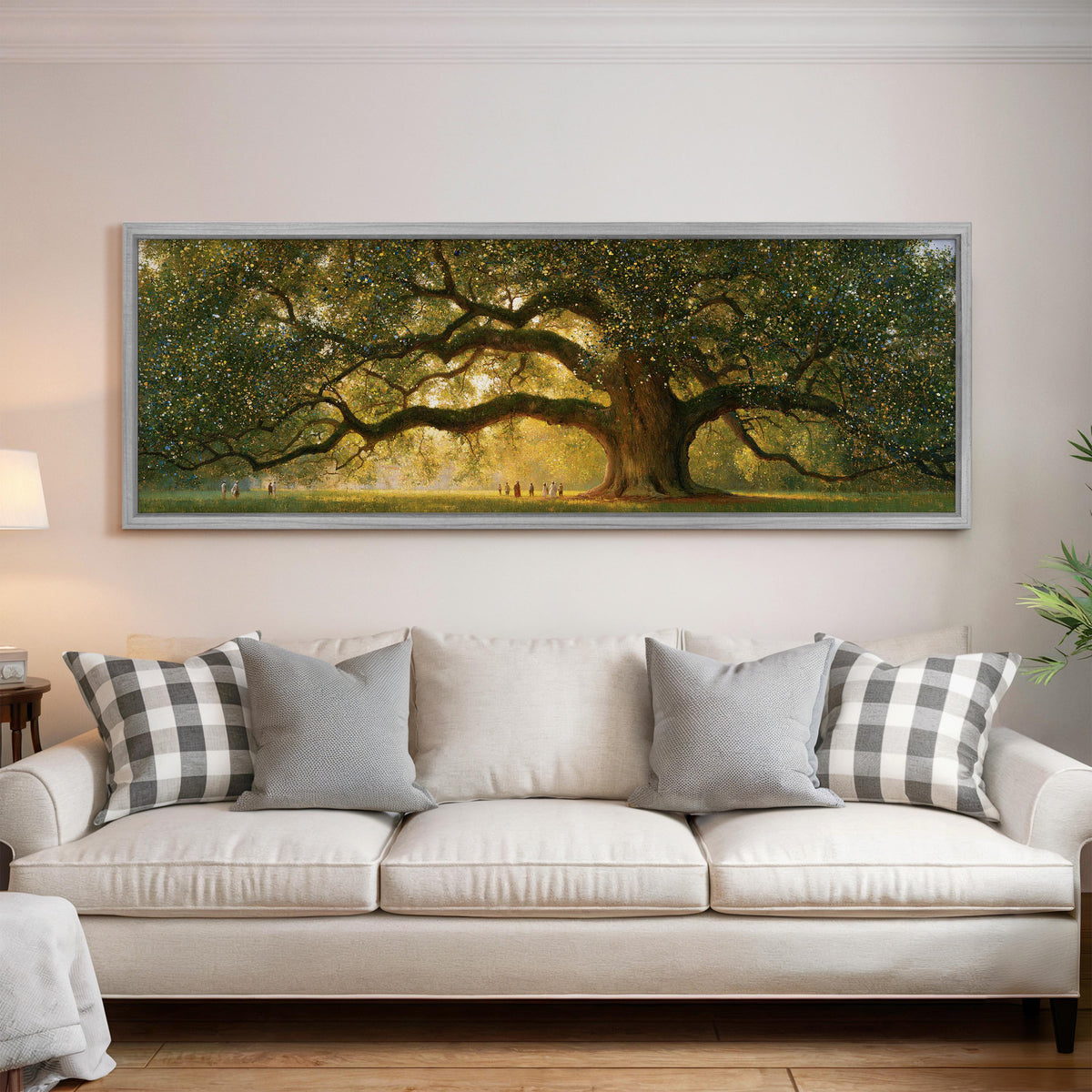 Golden oak tree in a park panoramic canvas print above a white sofa in a bright living room