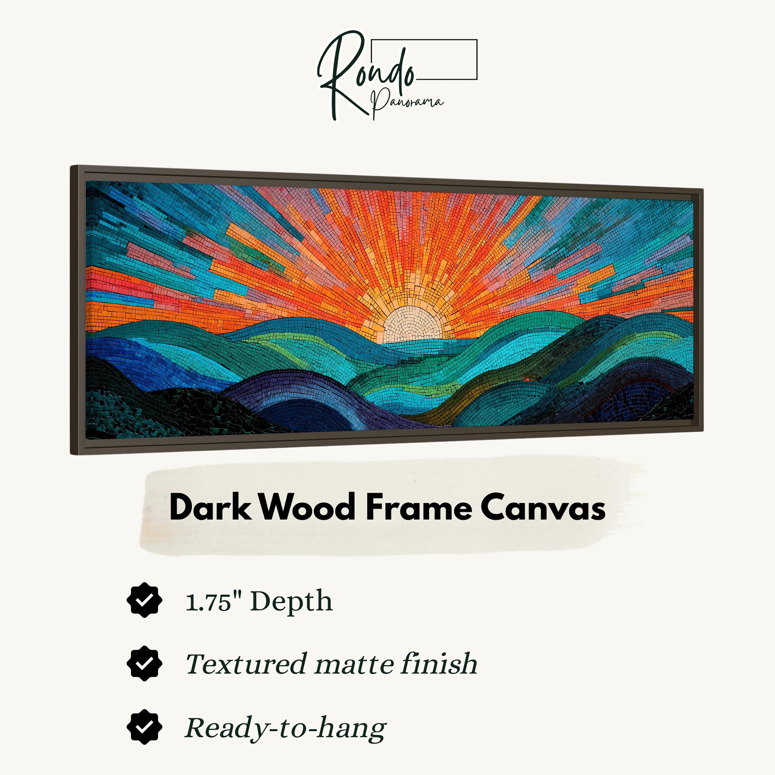 The image is a framed artwork depicting a vibrant, colorful landscape with a sunburst effect. The frame is described as a "Dark Wood Frame Canvas" with a 1.75" depth, a textured matte finish, and a ready-to-hang condition.