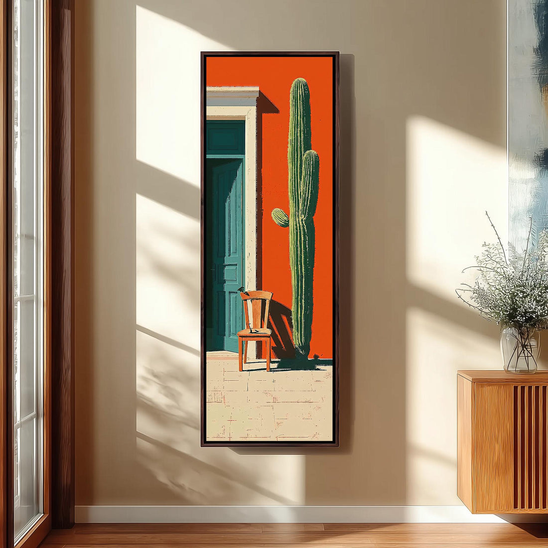 Tall cactus beside a teal door on an orange wall long vertical canvas print in a sunlit living space