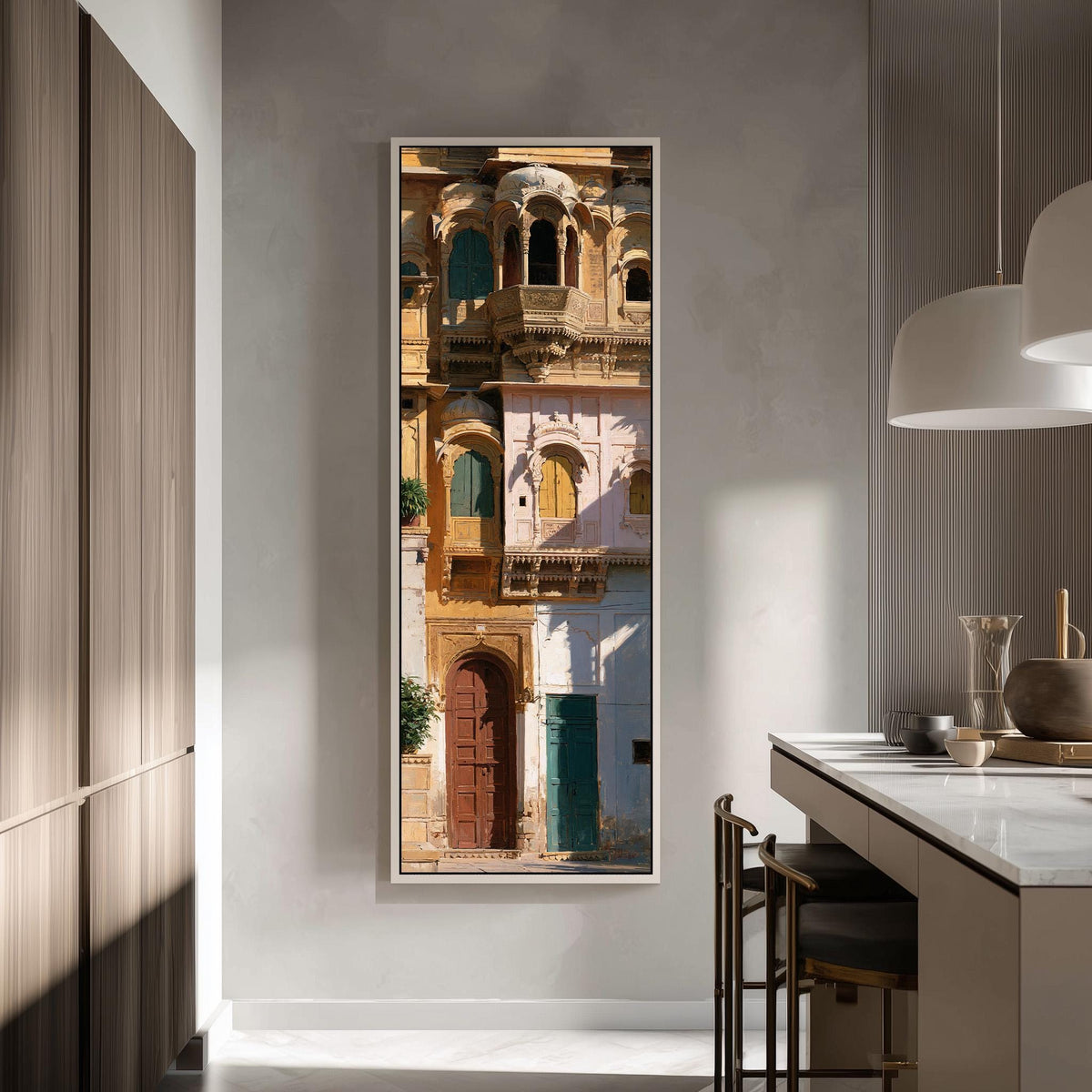 Ornate sandstone palace facade with colorful doors tall skinny canvas print in a modern kitchen