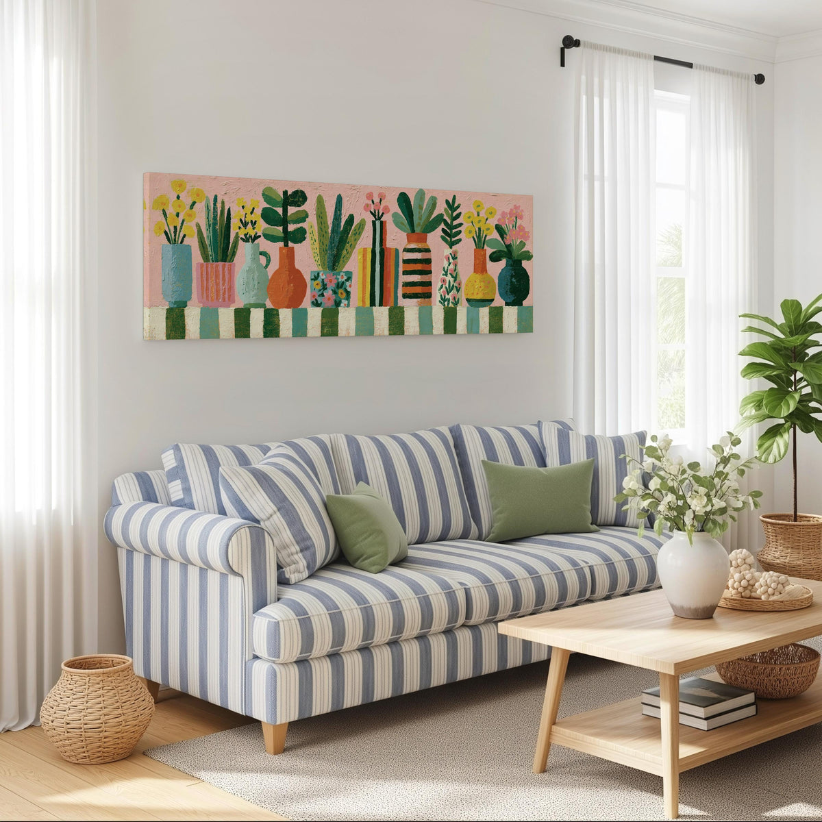 Row of boho potted plants long horizontal canvas print above a striped sofa in a coastal living room