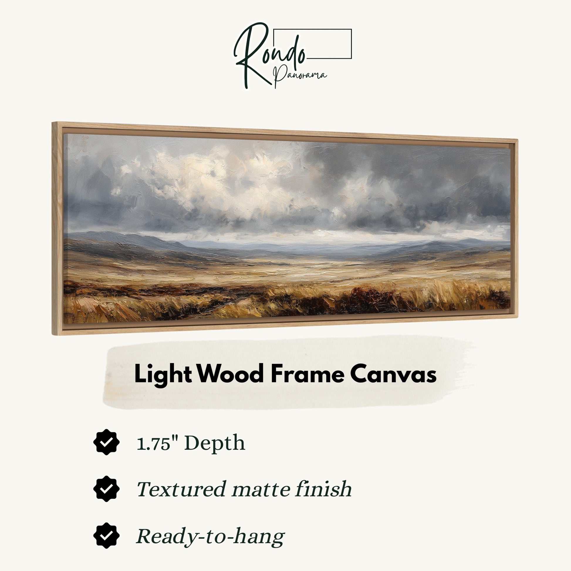 The image is a light wood frame canvas depicting a landscape with a cloudy sky and a field of grass.