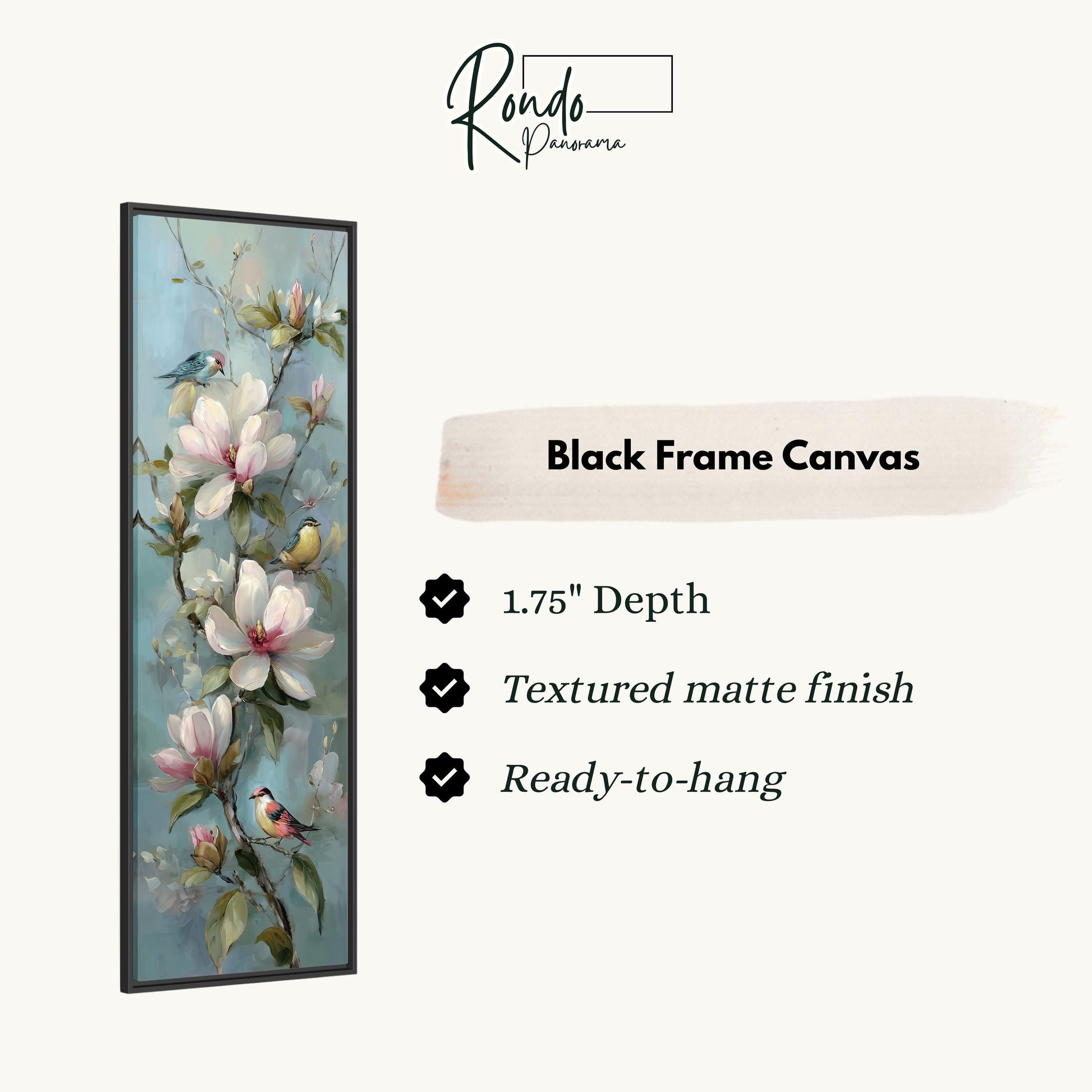 The image is a black frame canvas featuring a painting of white flowers with green leaves and birds.
