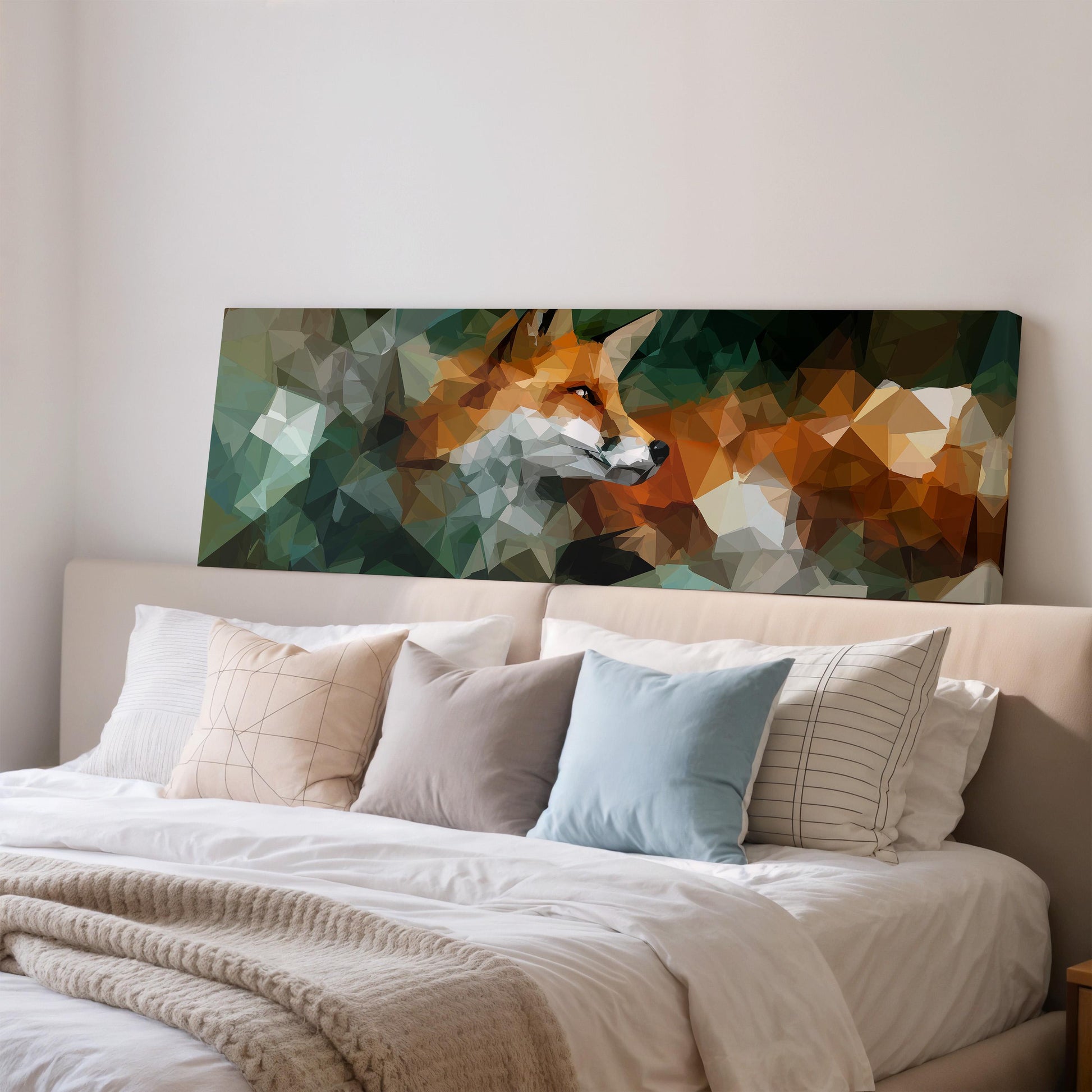 a large, colorful painting of a fox on the wall above a bed with white bedding and pillows.