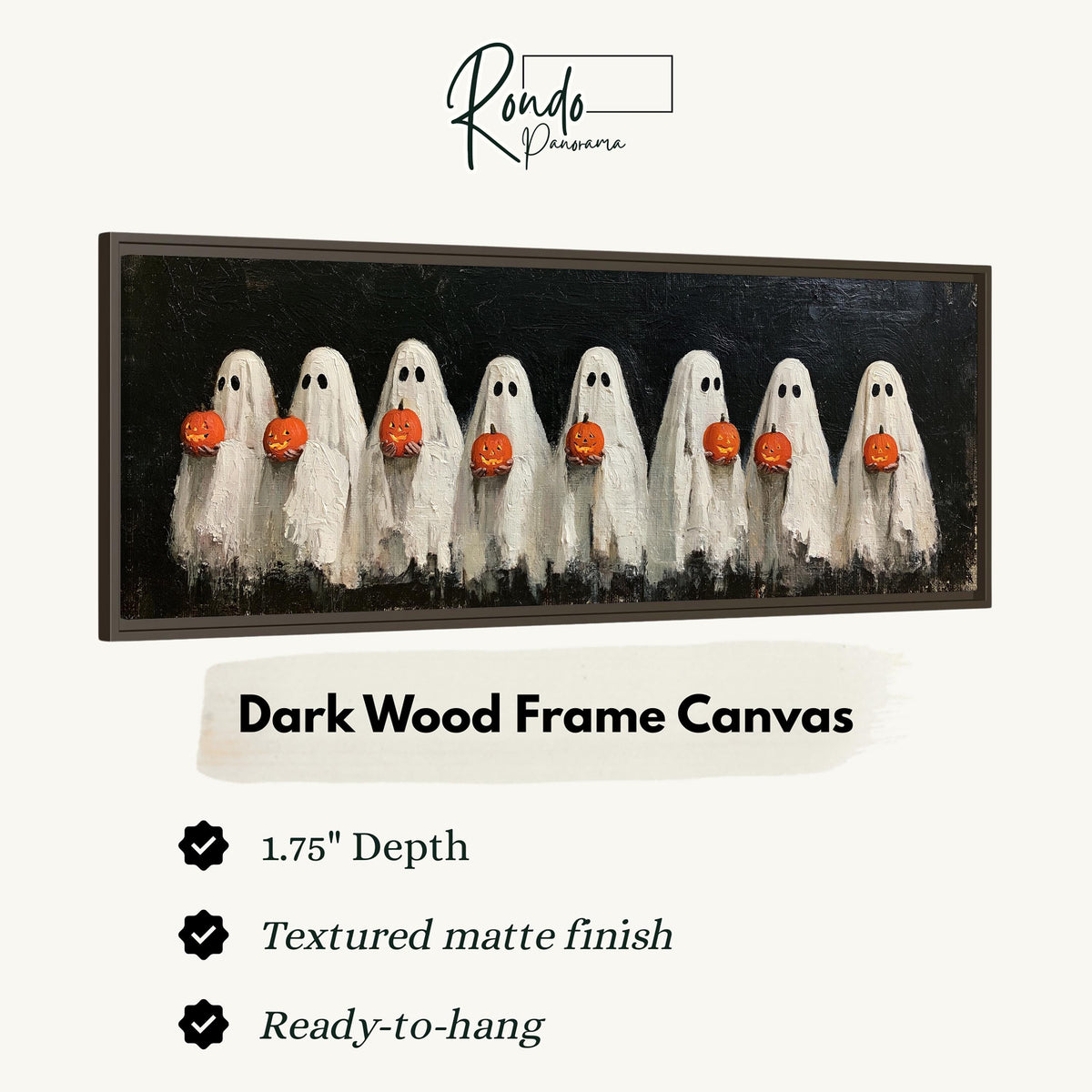 Crowd of huddled ghosts with pumpkins canvas print in a dark wood floating frame