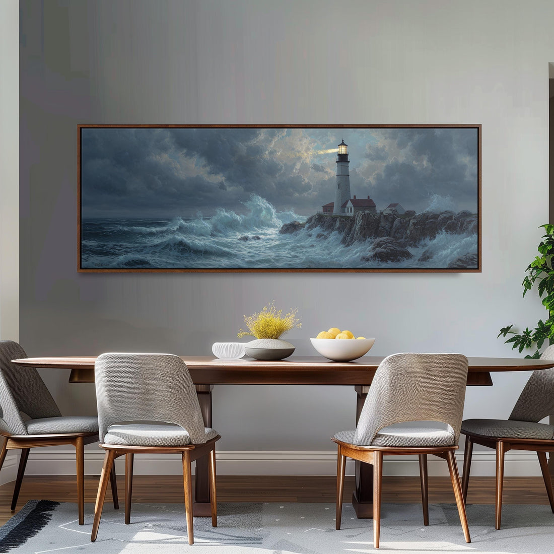 a large painting of a lighthouse on a stormy sea, hanging on a wall above a black and white checkered sofa.