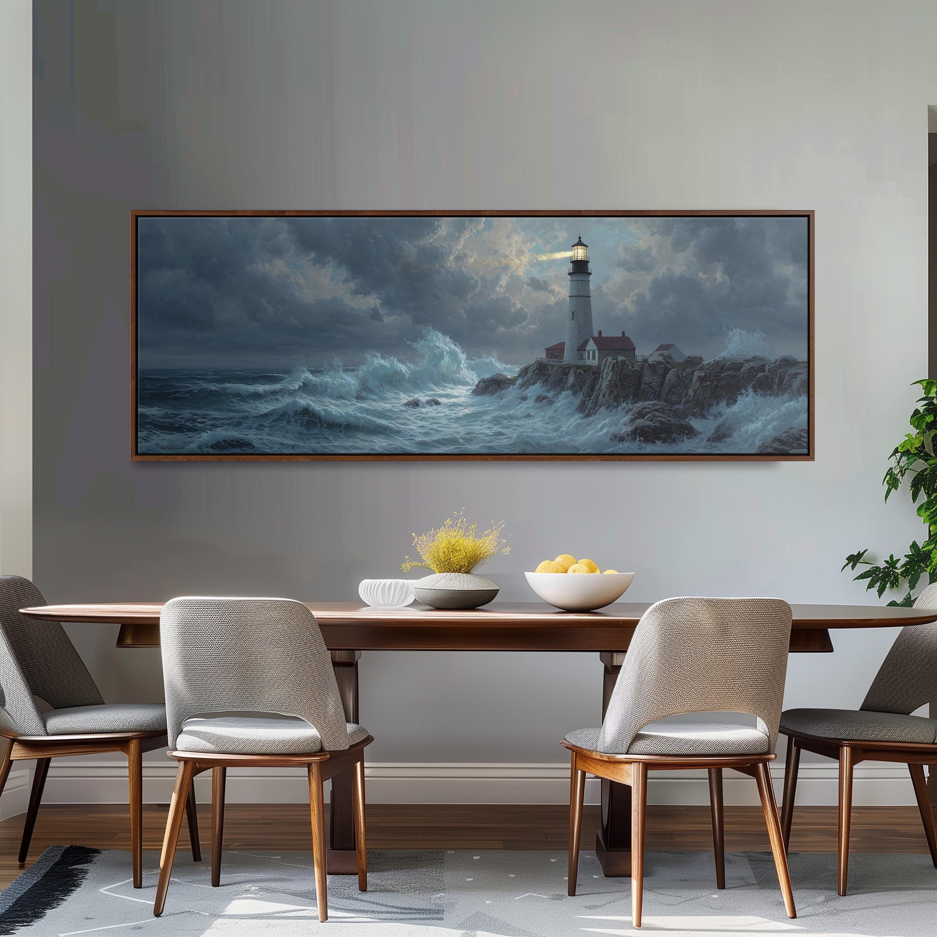 a large painting of a lighthouse on a stormy sea hanging on a wall above a wooden dining table with four chairs.