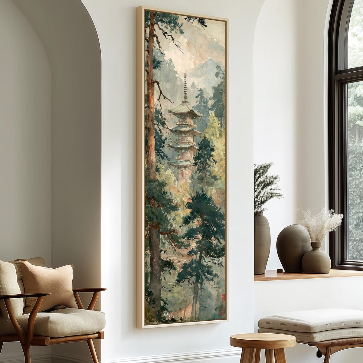 Pagoda in a misty pine forest long vertical canvas print in a sunlit living space