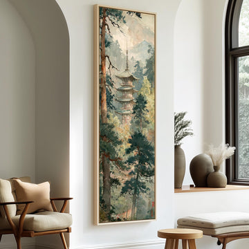 Pagoda in a misty pine forest long vertical canvas print in a sunlit living space
