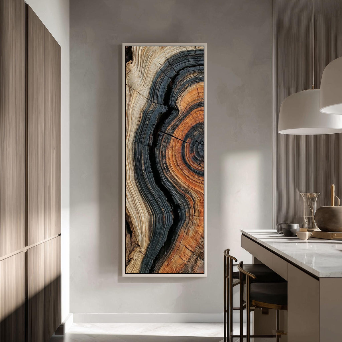 Charred tree ring close up tall skinny canvas print in a modern kitchen