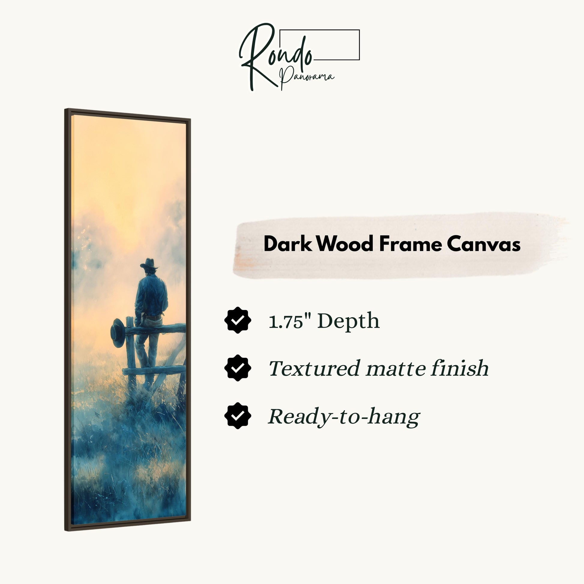 The image is a dark wood frame canvas depicting a cowboy standing on a fence, with a sunset in the background.
