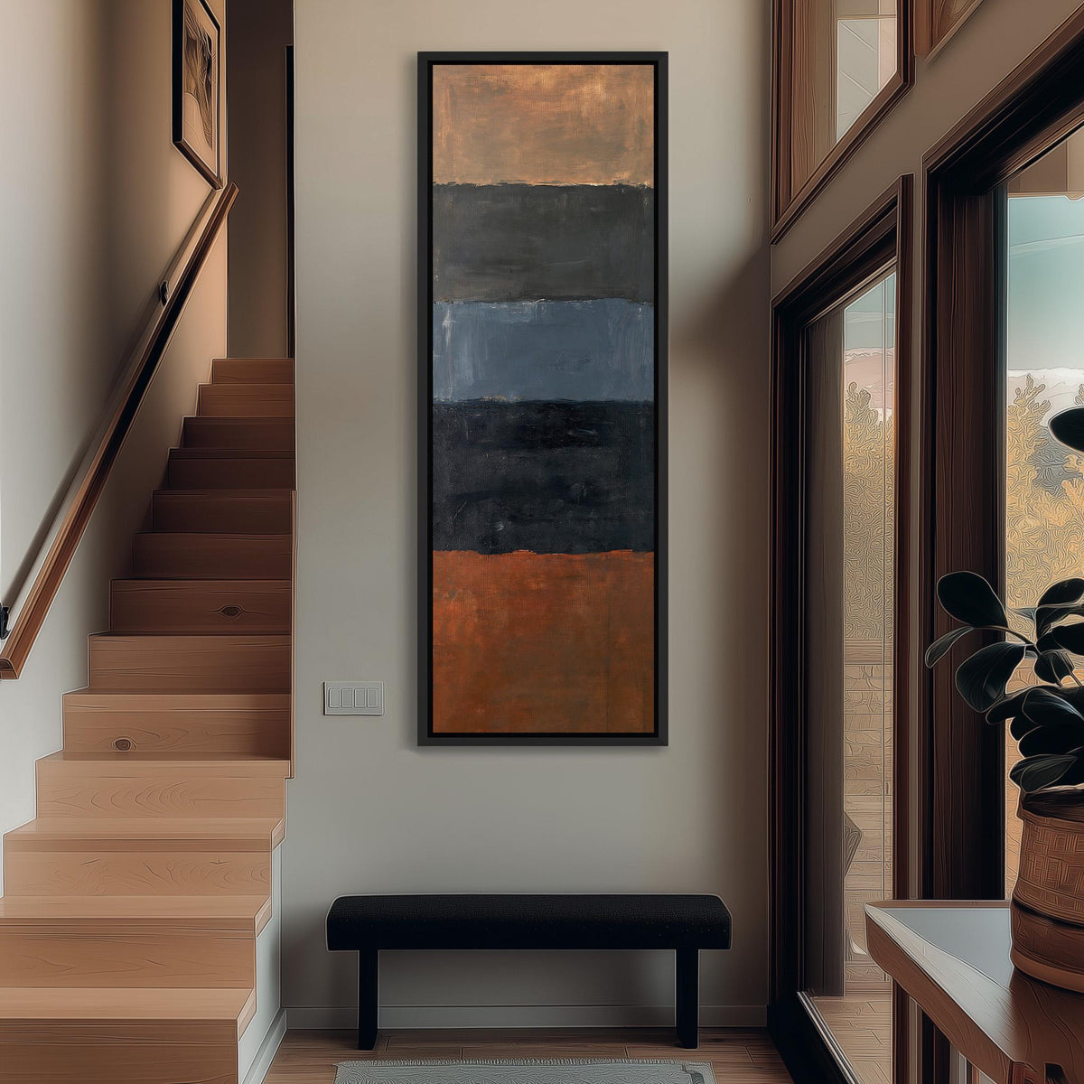 Moody color field bands in rust and navy tall narrow canvas print beside a staircase in an entryway