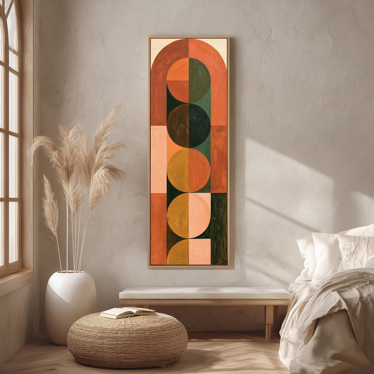 Arch and circle totem in terracotta and mustard long vertical canvas print in a bright reading corner