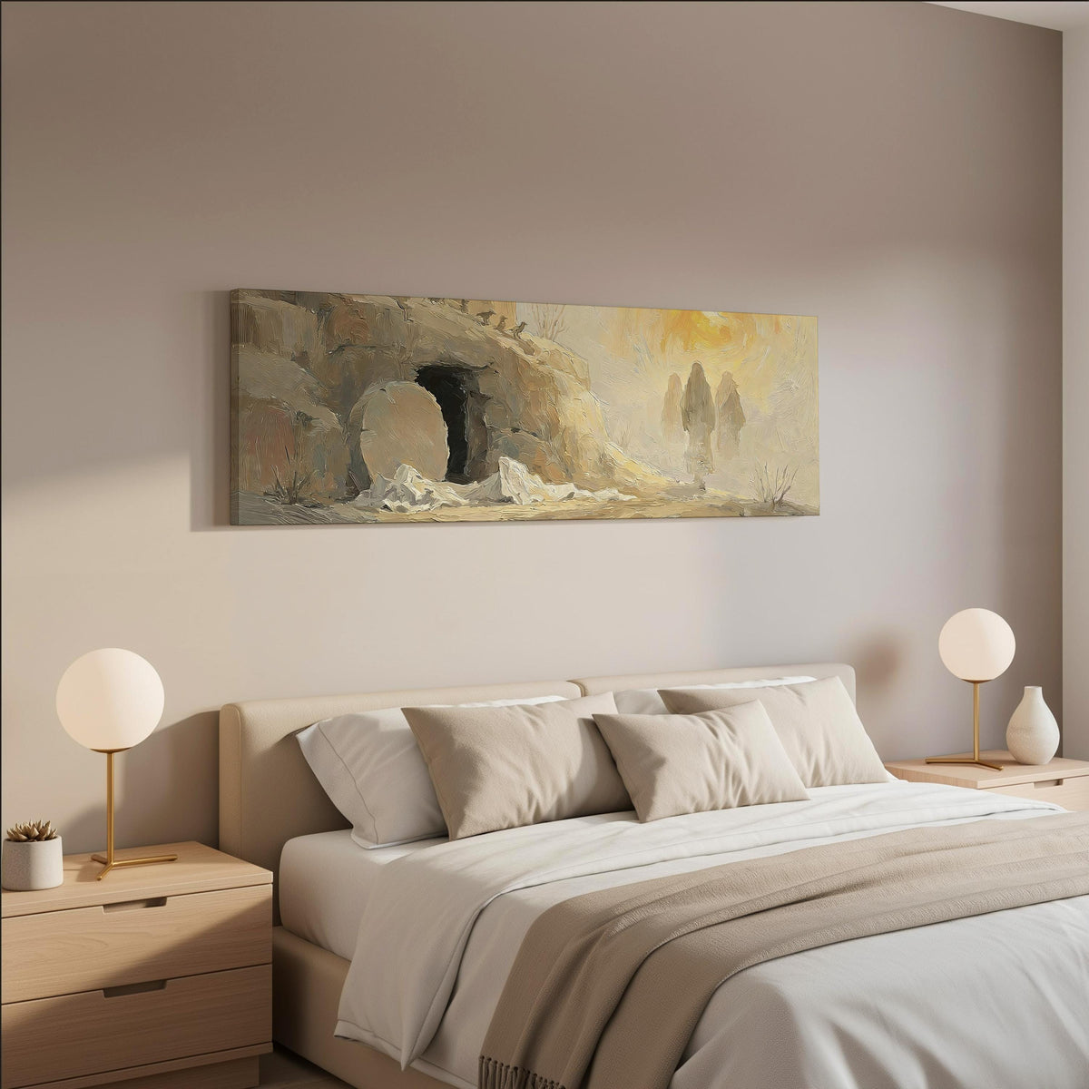 The empty tomb at sunrise wide panoramic canvas print above a bed in a neutral bedroom