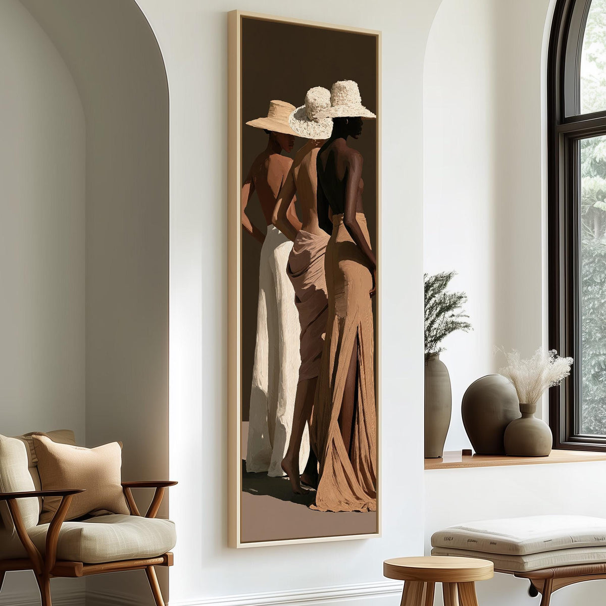 Three women in sun hats and evening gowns tall skinny canvas print in a sunlit living space
