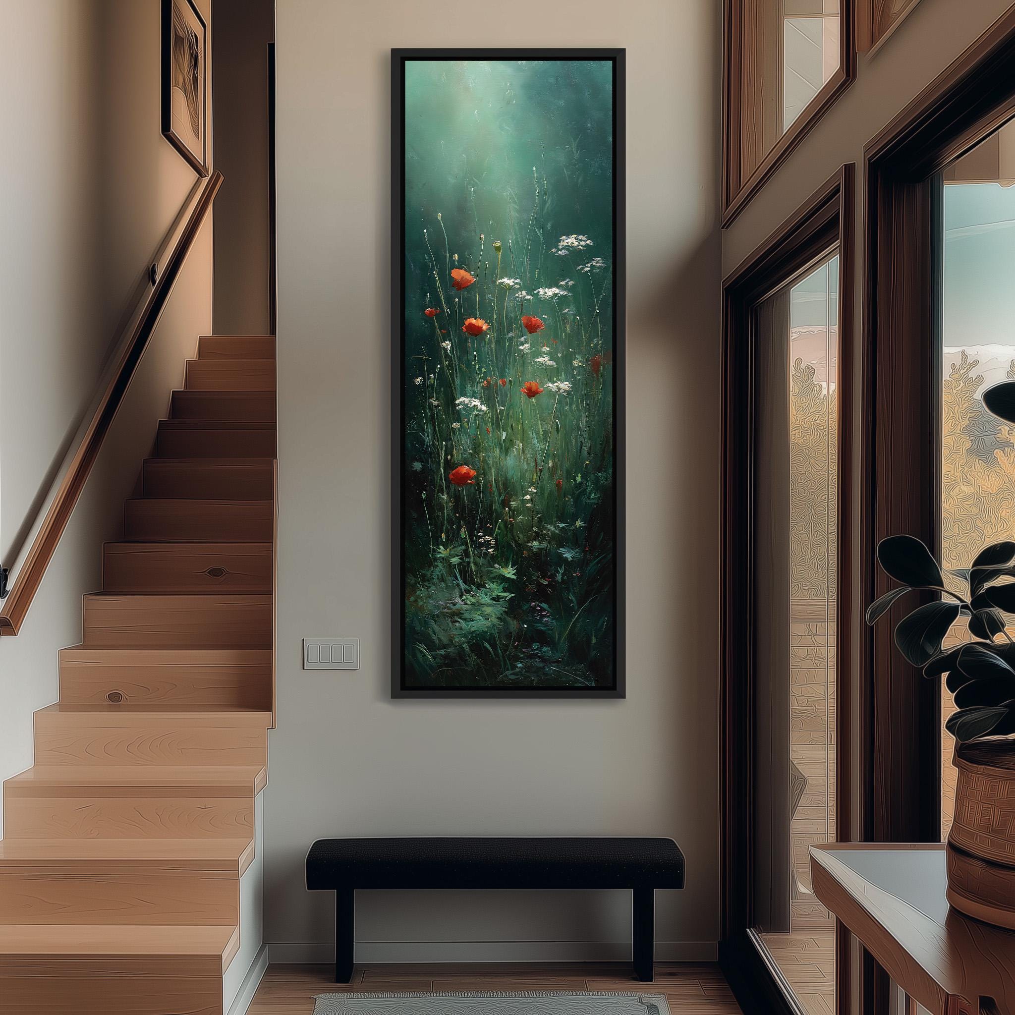 a large painting of flowers hanging on the wall of a hallway.