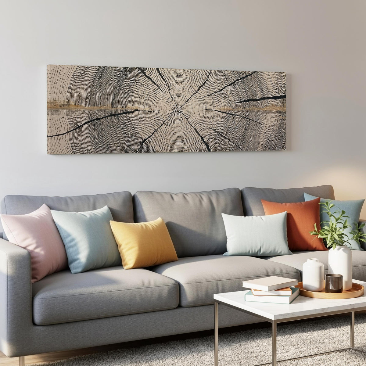 Pale gold wood ring panoramic canvas print above a grey sofa in a living room