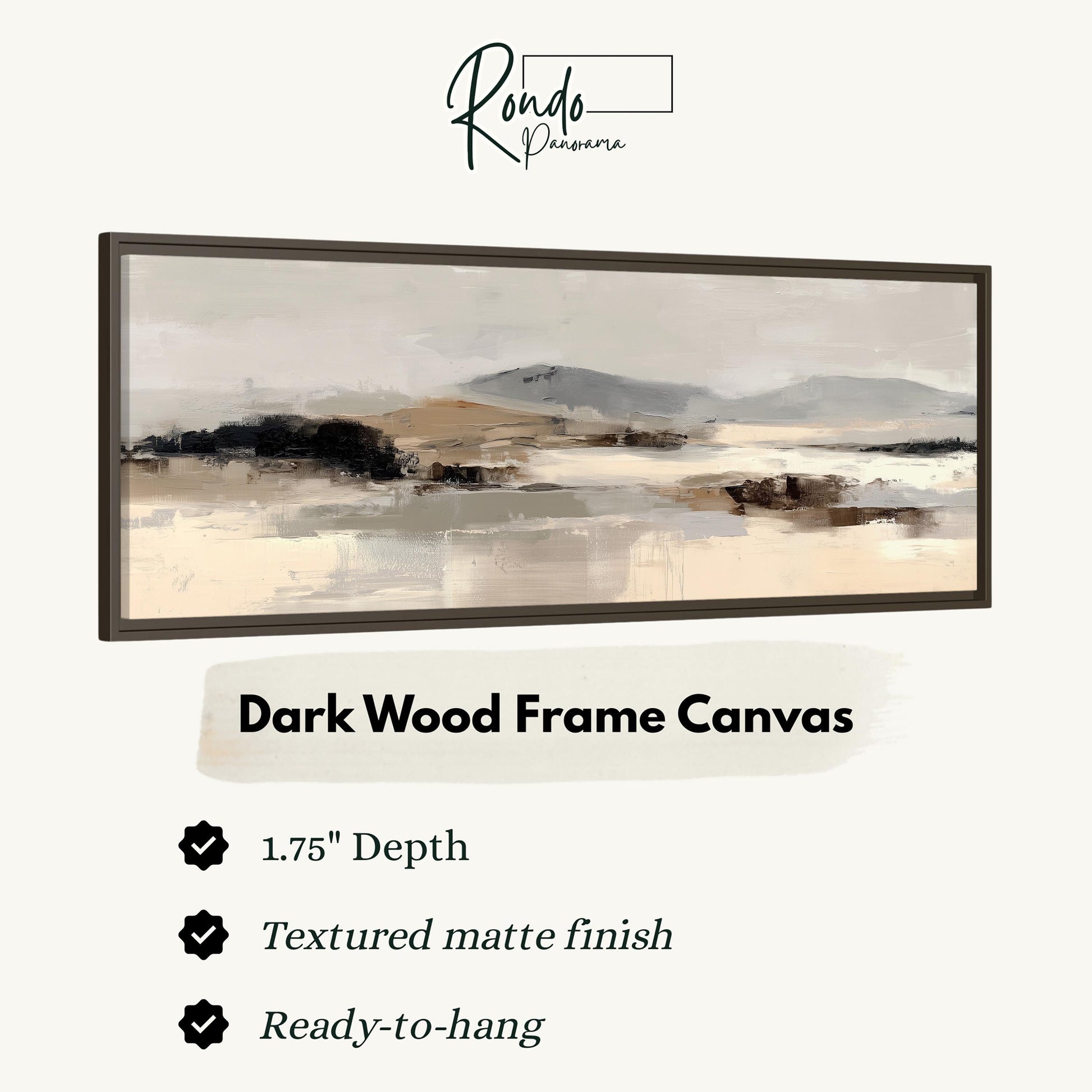 The image is a framed artwork depicting a landscape with mountains and a hazy sky.