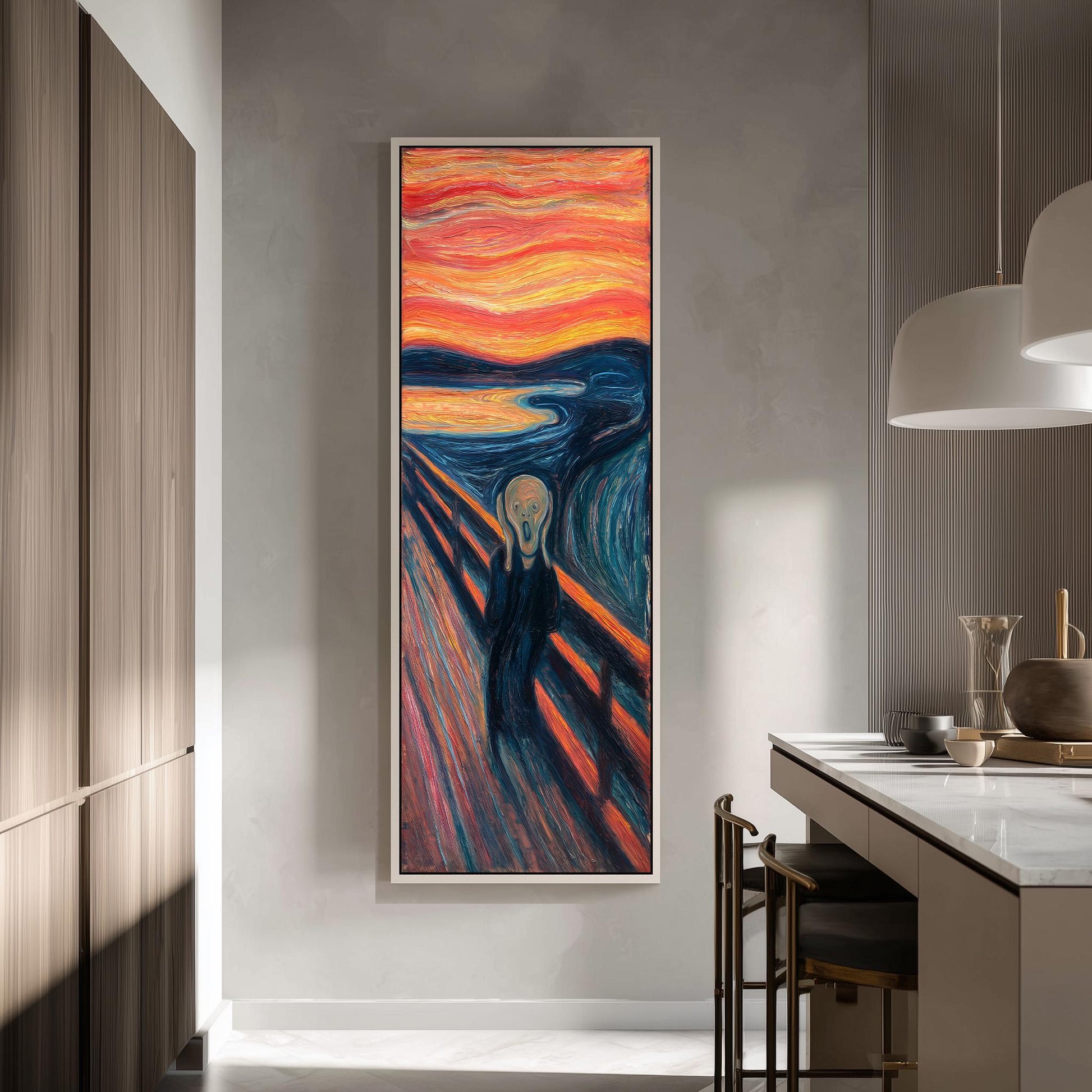 a large, colorful painting of Edvard Munch's iconic work "The Scream" hanging on a wall in a modern kitchen.