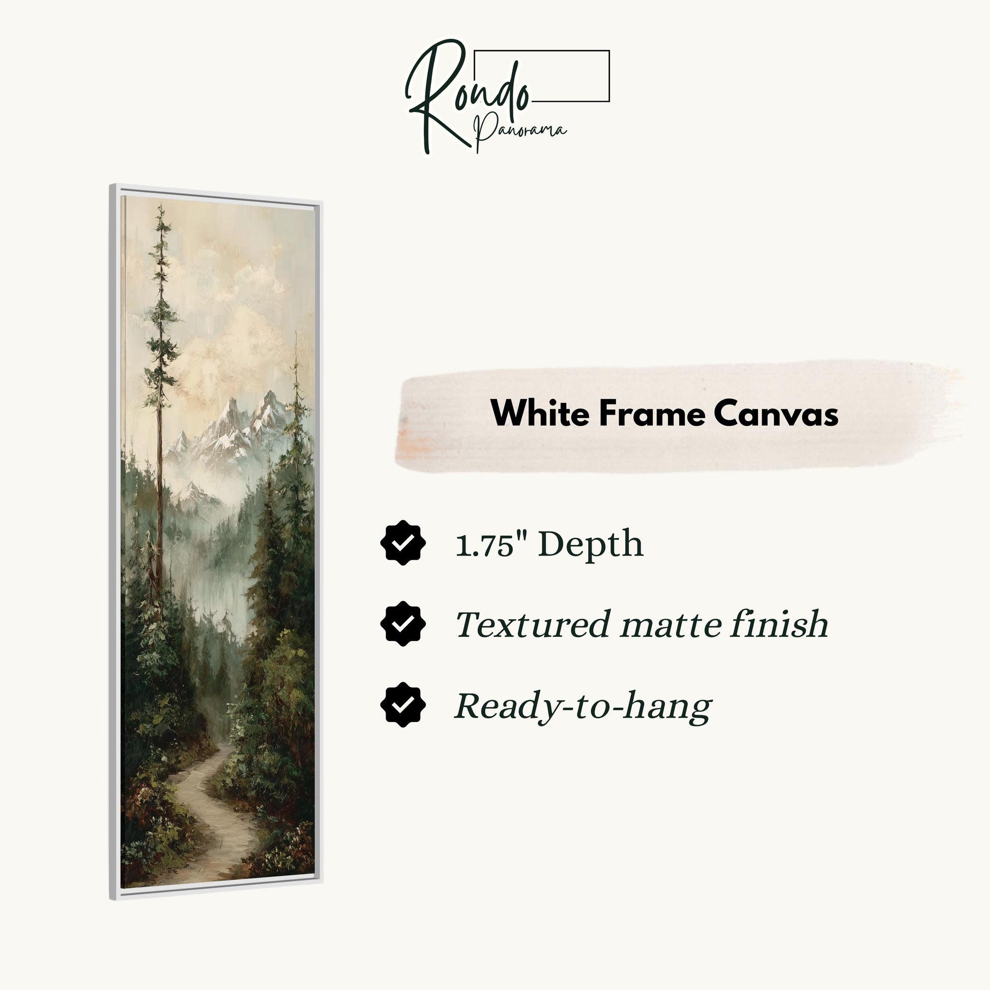 The image is a white frame canvas depicting a forest scene with a winding path leading through the trees.