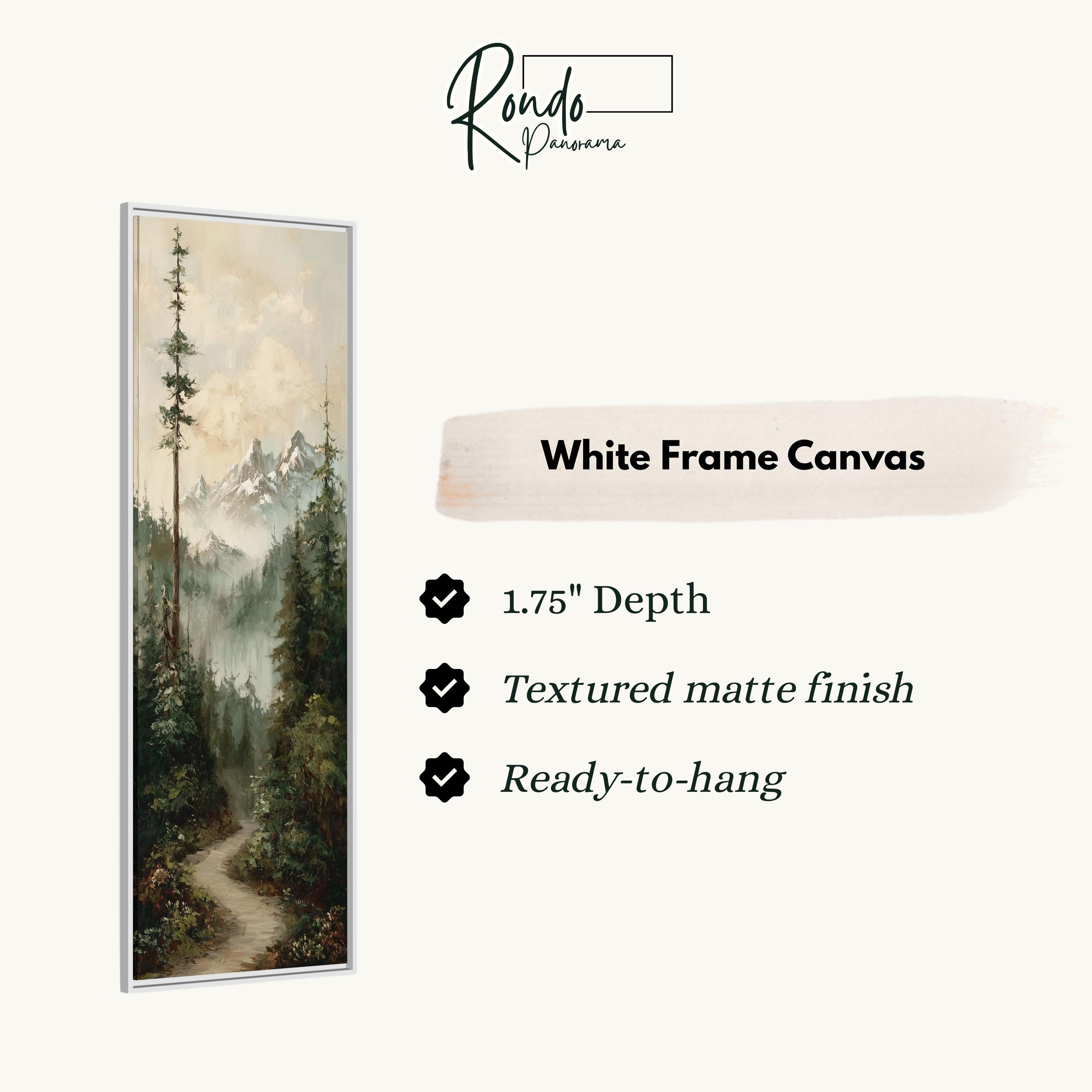The image is a white frame canvas depicting a forest scene with a winding path leading through the trees.