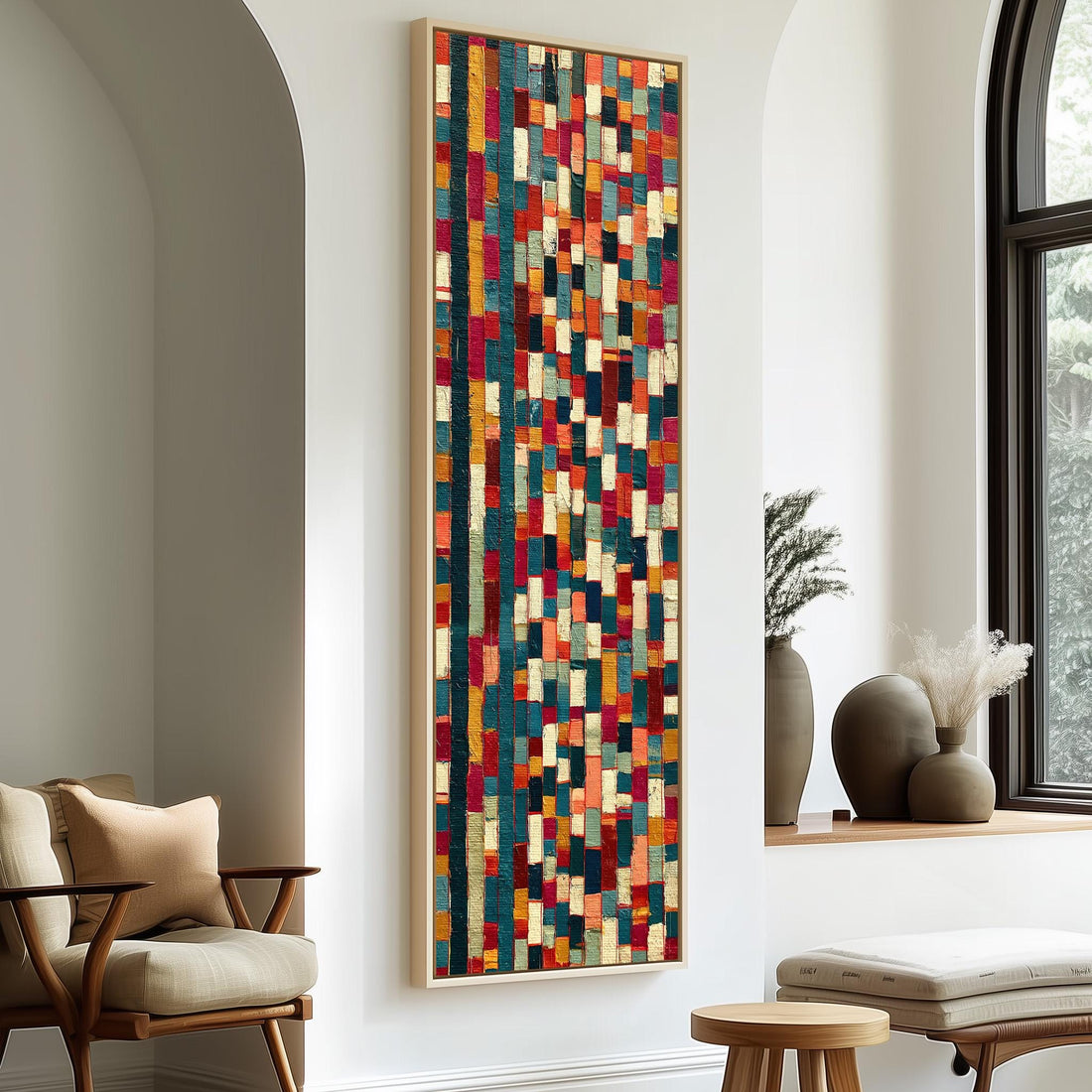 Dense mosaic tiles in teal, orange and red long vertical canvas print in a sunlit living space