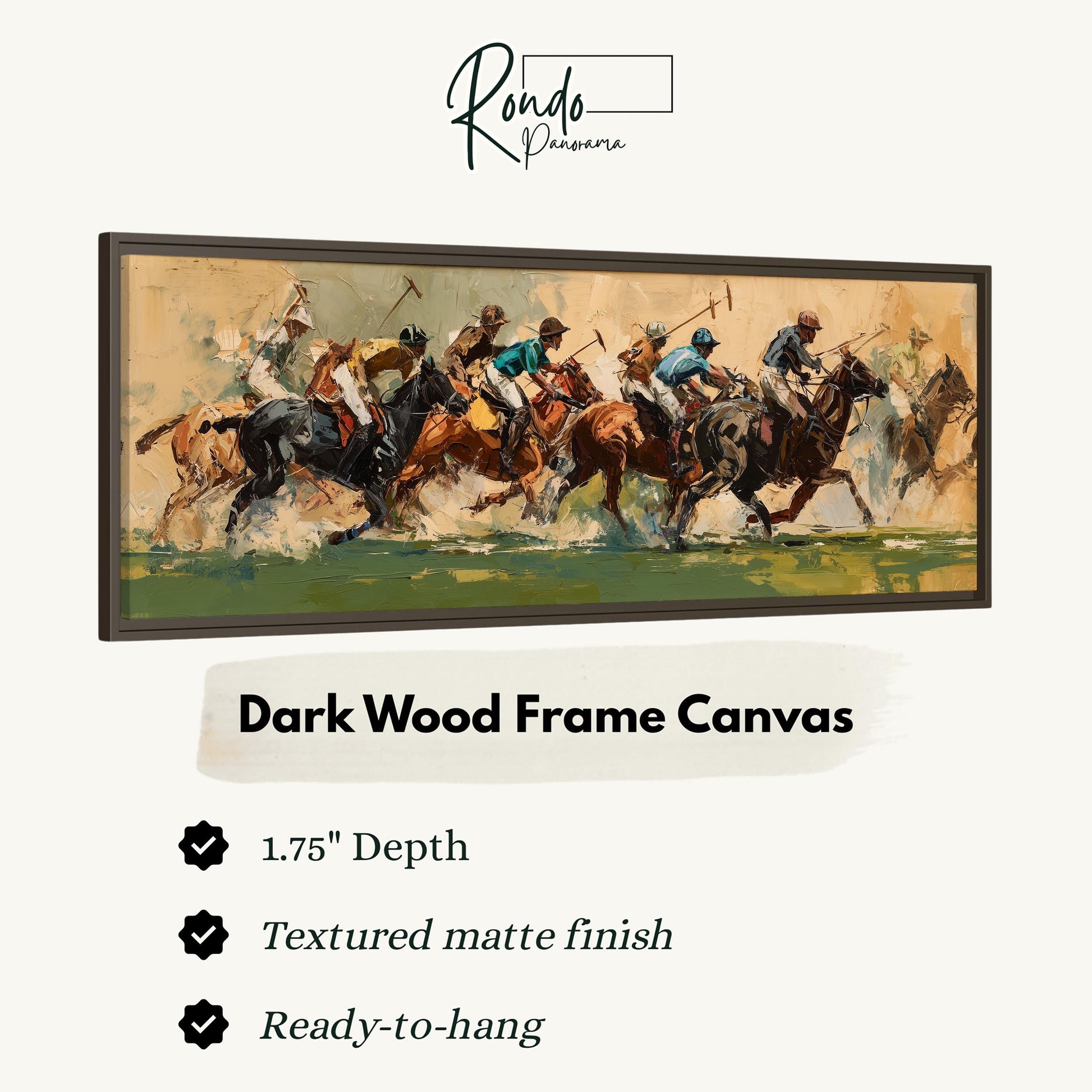 The image is a framed painting depicting a group of people riding horses, with a focus on the action and movement of the horses and riders.