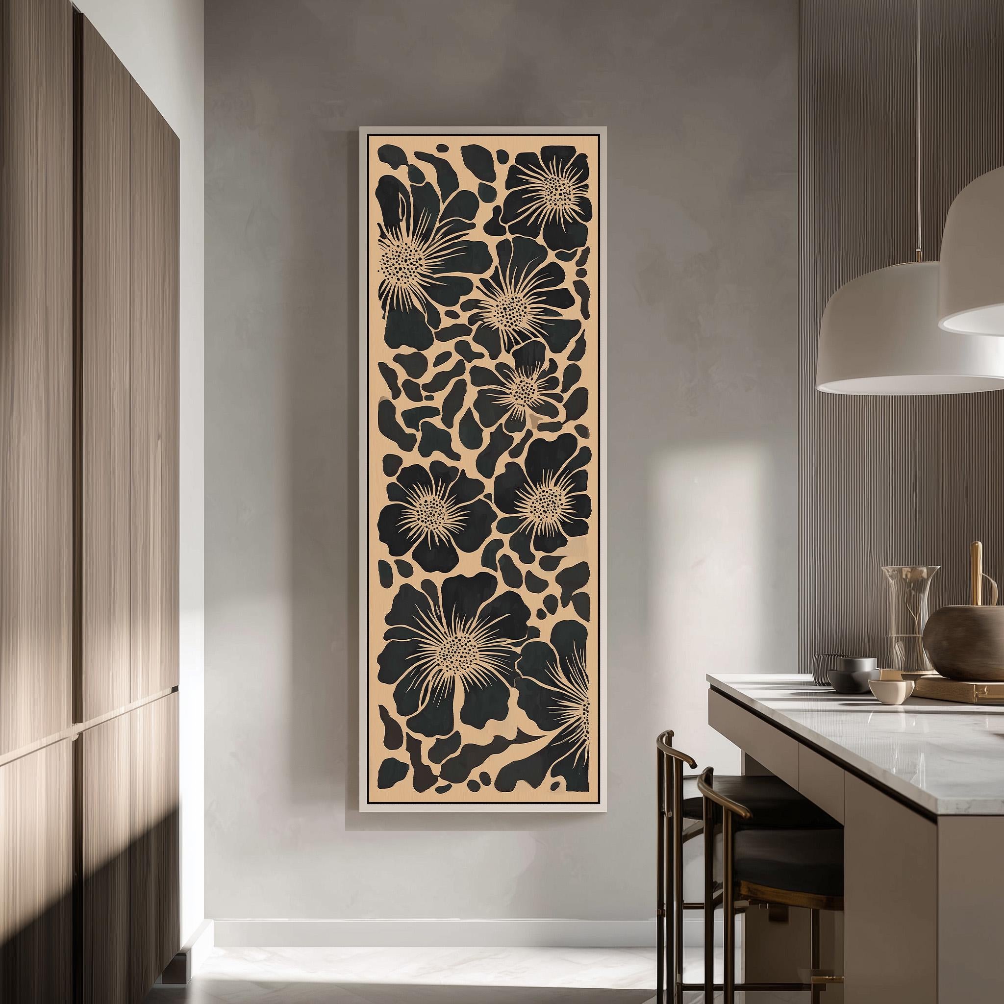 a modern kitchen with a large floral artwork hanging on the wall above a counter.