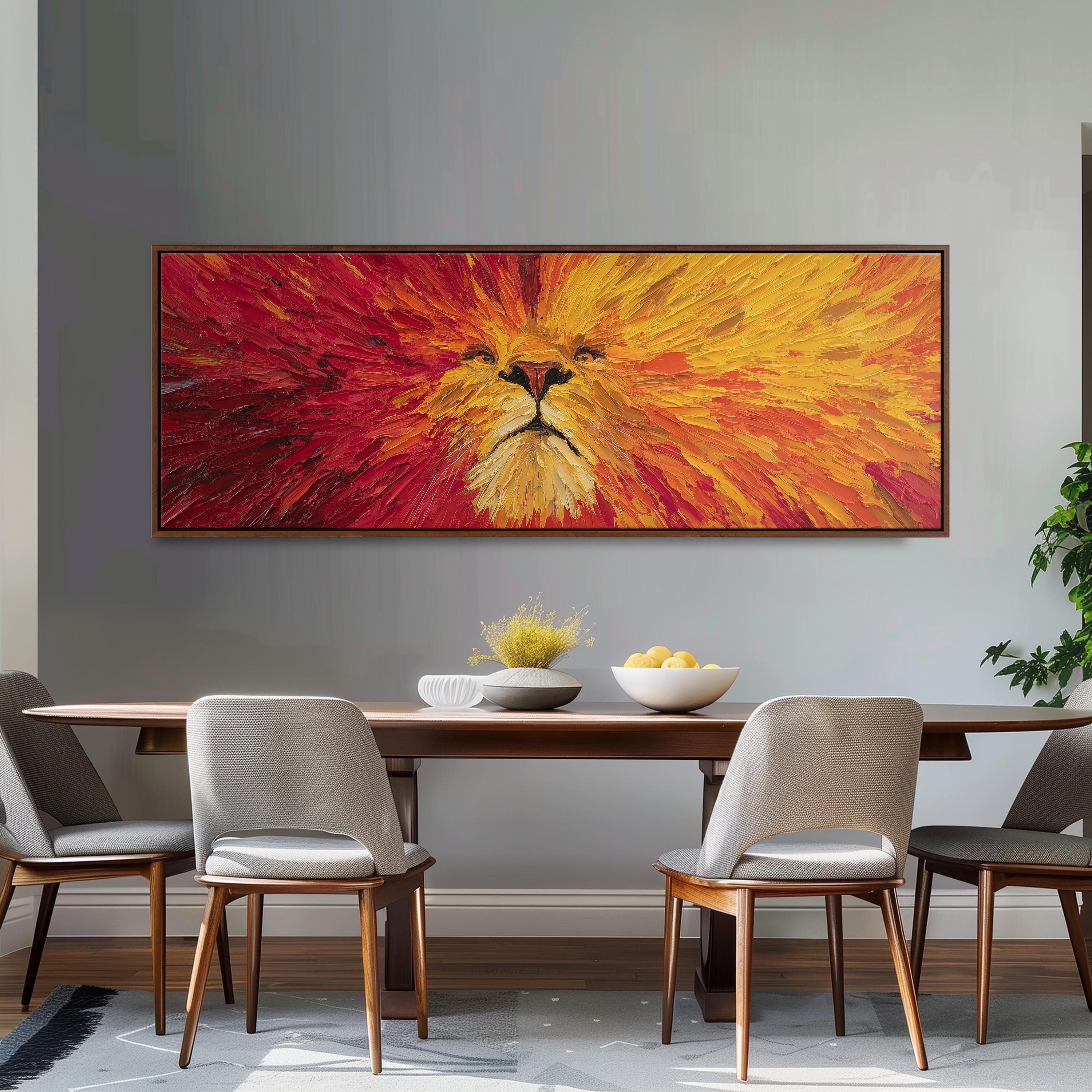 a dining room with a large, vibrant painting of a lion's face hanging on the wall above a wooden dining table. The table is set with a bowl of fruit and a vase of flowers, creating a warm and inviting atmosphere. The room is furnished with four chairs, two on each side of the table, and a potted plant is visible in the background.