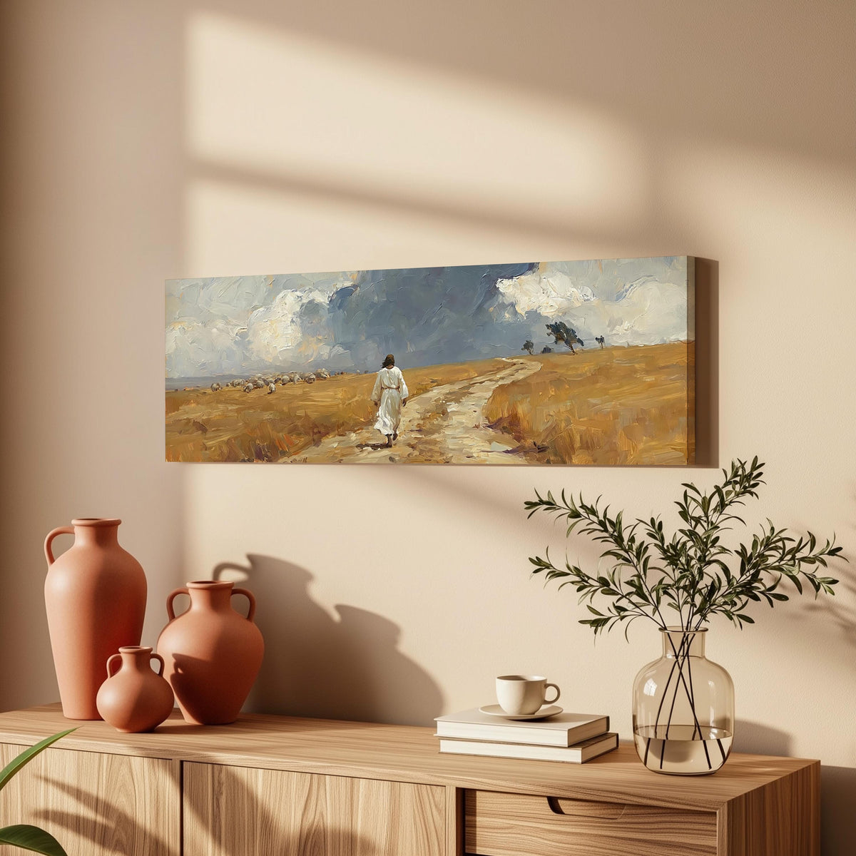 Jesus walking a field path with grazing sheep long horizontal canvas print above a wooden sideboard