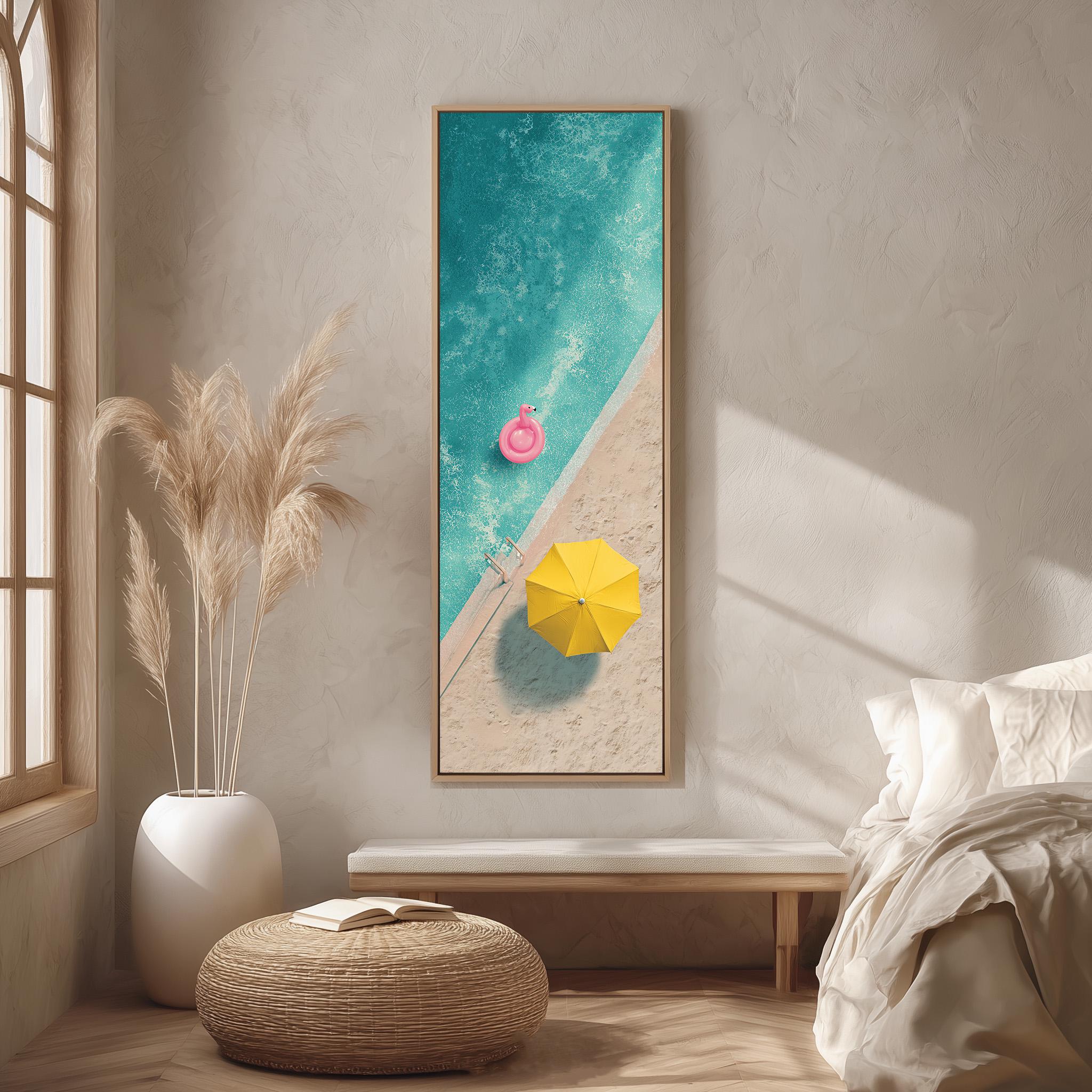 a serene beach scene with a person swimming in the turquoise water, a pink inflatable float, and a yellow umbrella providing shade.