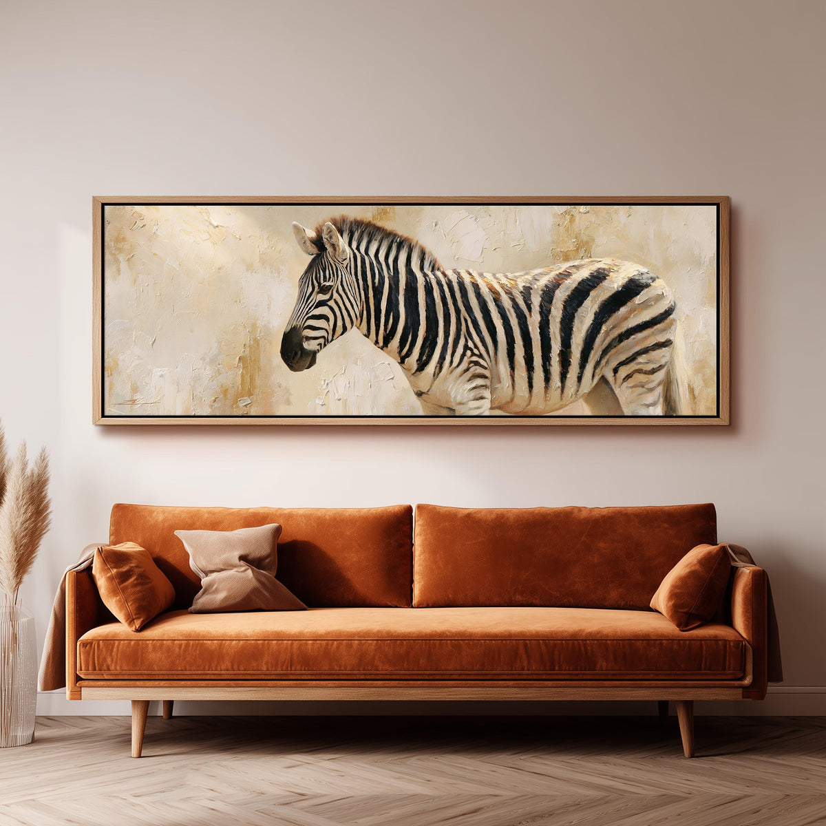 Zebra on a sandy textured background panoramic canvas print above a sofa in a living room