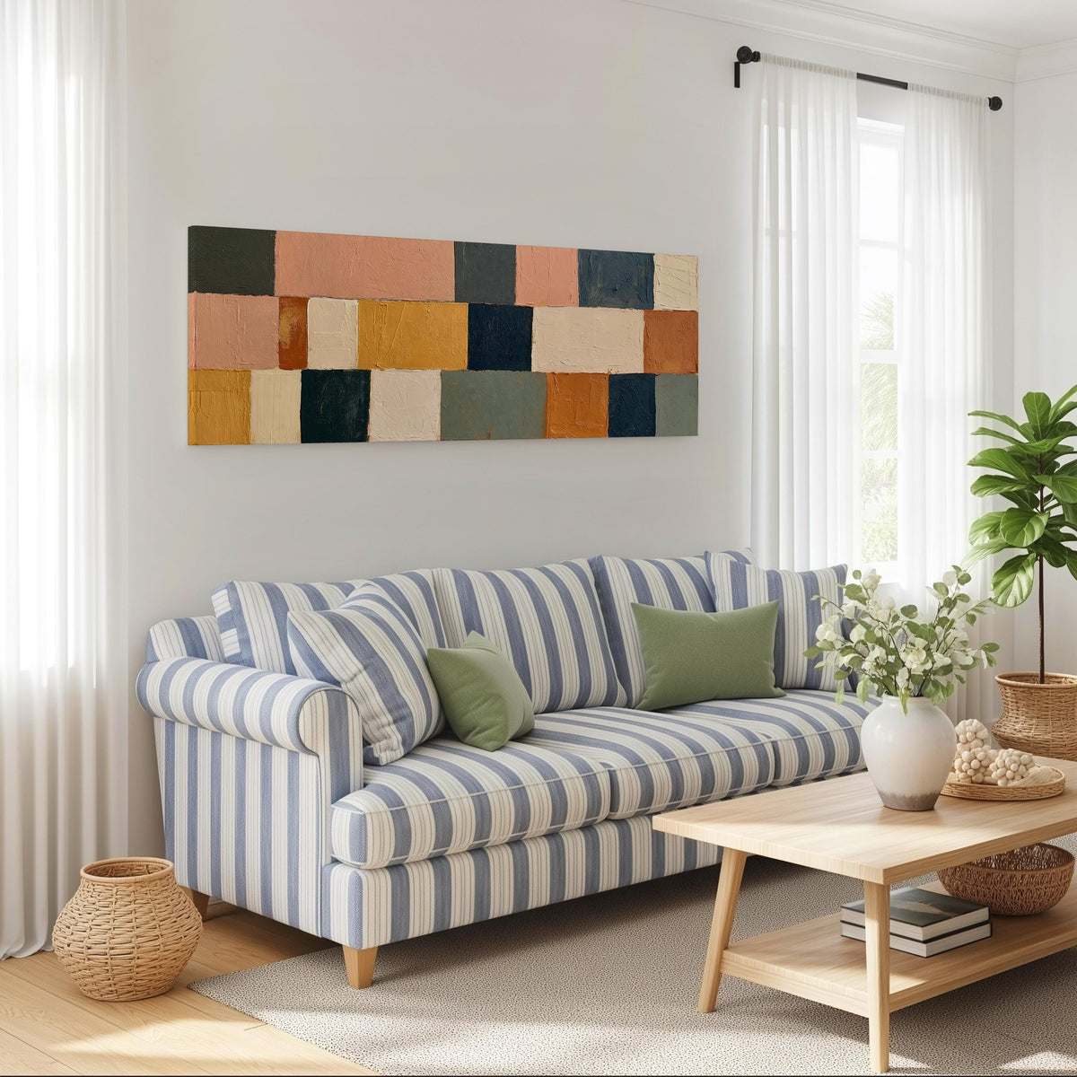 Mustard, sage, blush and navy patchwork long horizontal canvas print above a striped sofa in a coastal living room