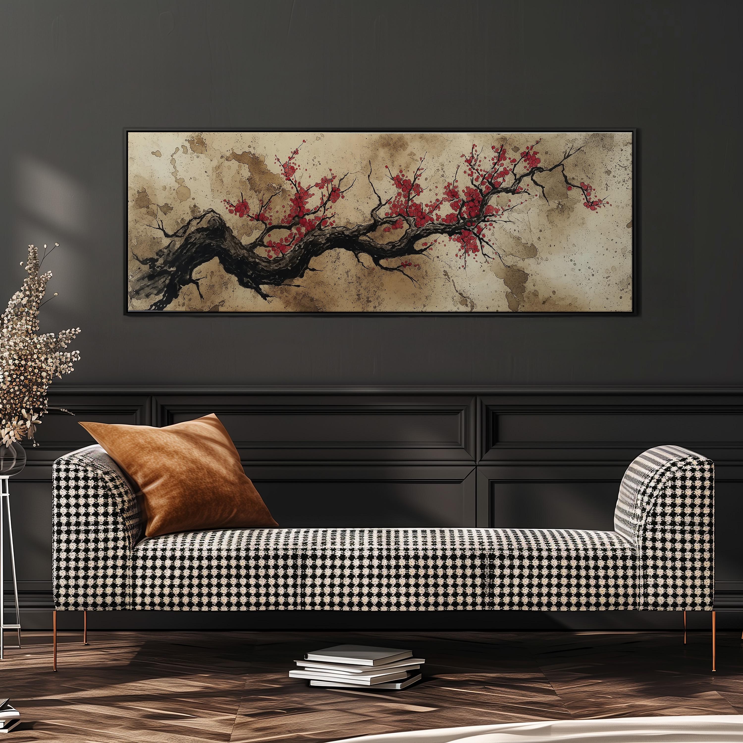 a black and white checkered sofa with a brown throw pillow, set against a dark wall with a large abstract painting hanging above it.