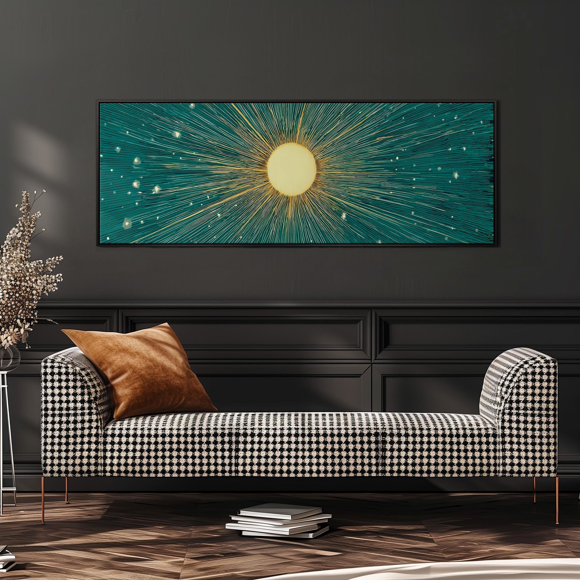 a modern living room with a black and white checkered sofa, a stack of books, and a large abstract painting on the wall depicting a sunburst design in shades of blue and green.