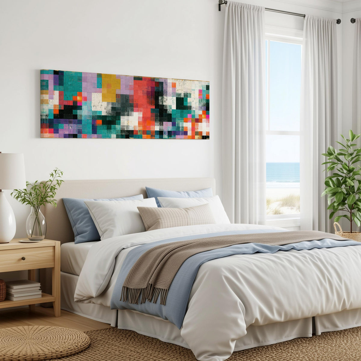 Teal and coral patchwork color blocks panoramic canvas print above a bed in a coastal bedroom