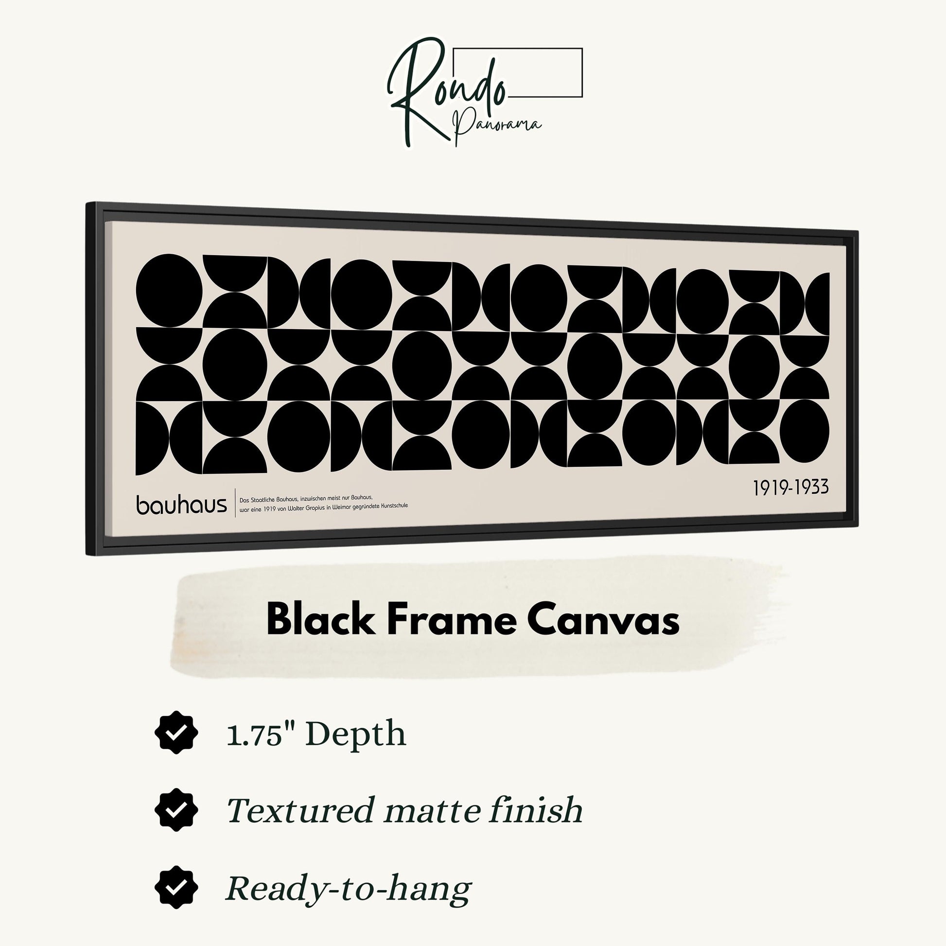 The image is a black frame canvas with a geometric pattern of circles and lines, and it is described as a "Black Frame Canvas" with a "1.75" depth and a "Textured matte finish".
