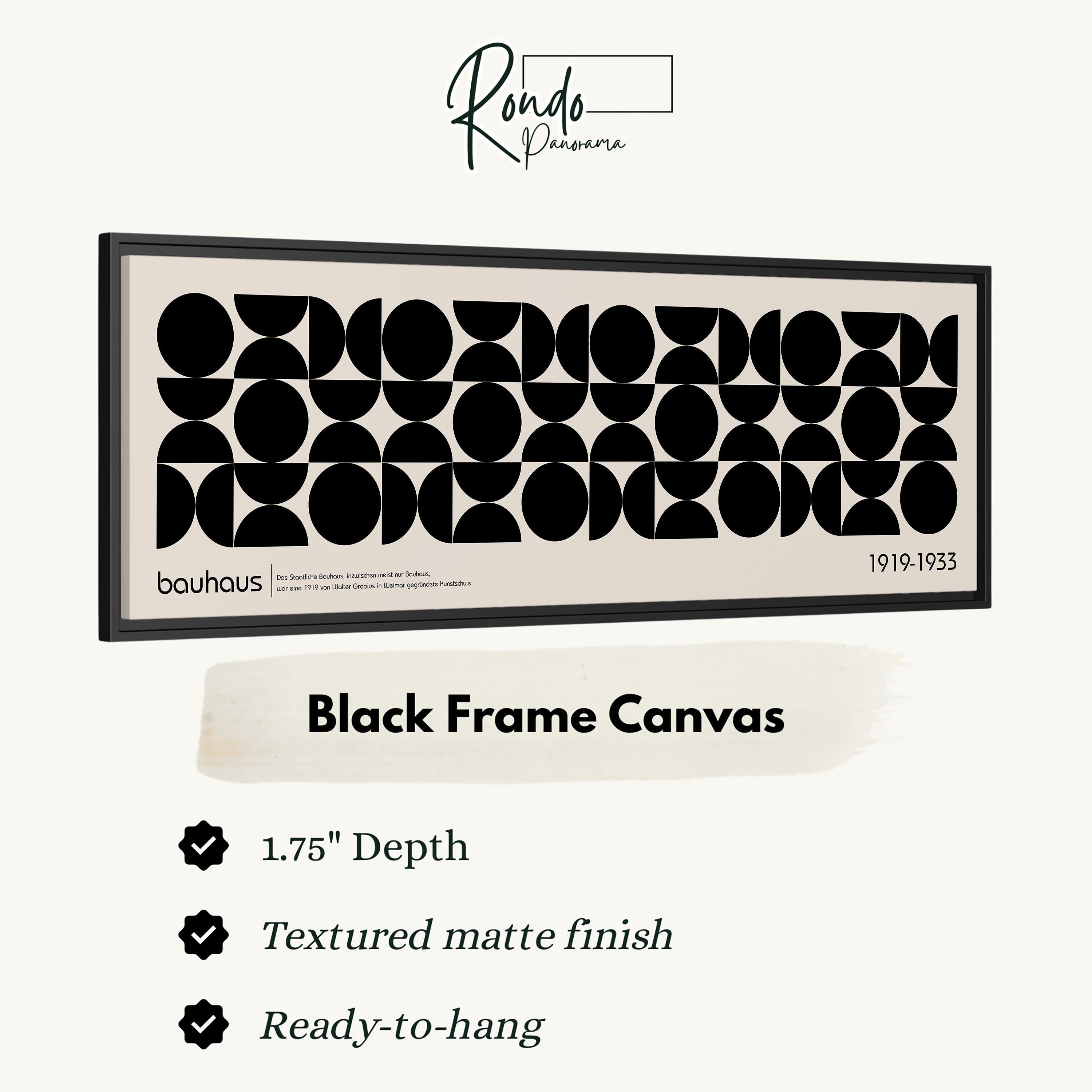 The image is a black frame canvas with a geometric pattern of circles and lines, and it is described as a "Black Frame Canvas" with a "1.75" depth and a "Textured matte finish".