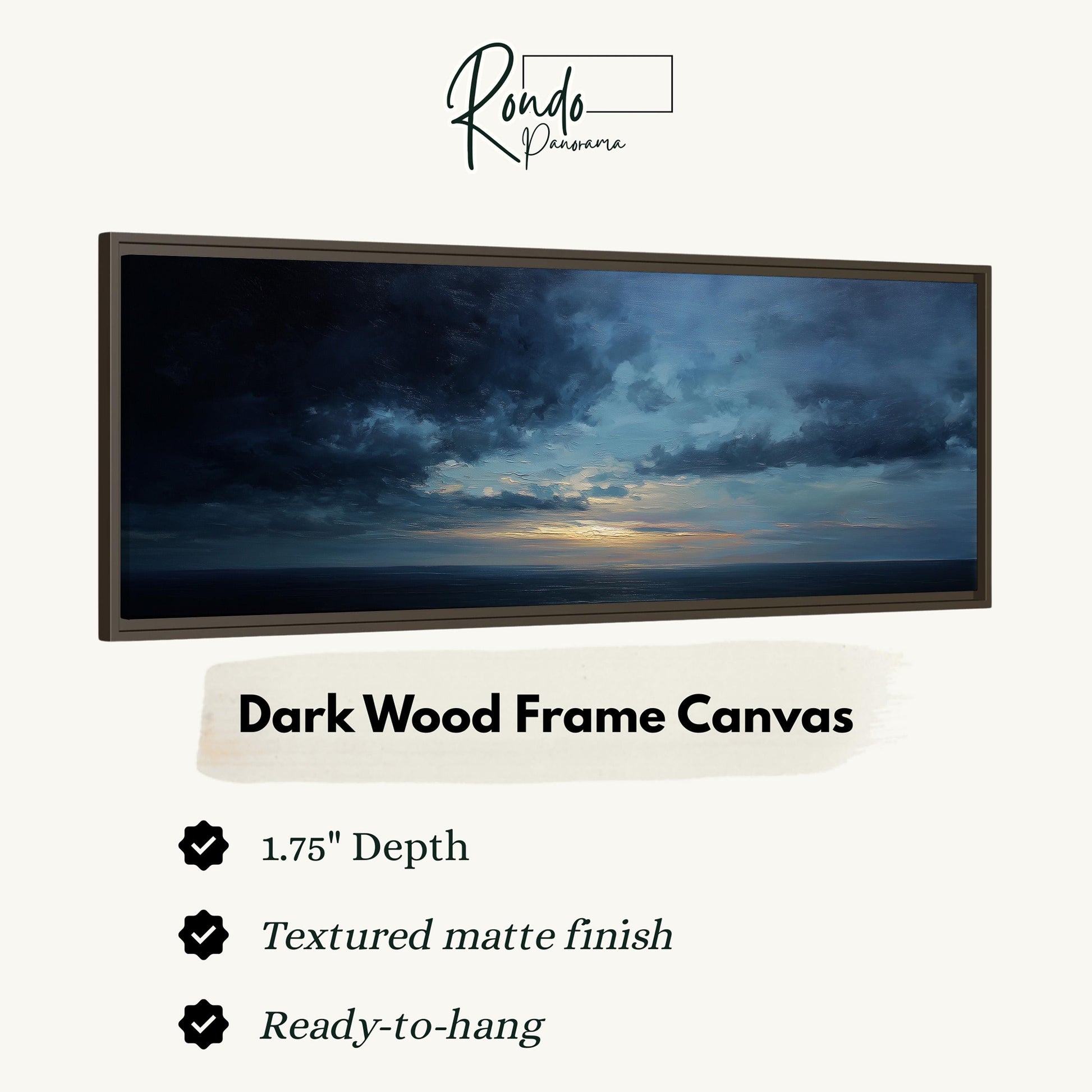 The image is a dark wood frame canvas depicting a serene landscape with a cloudy sky and a sunset over the ocean.