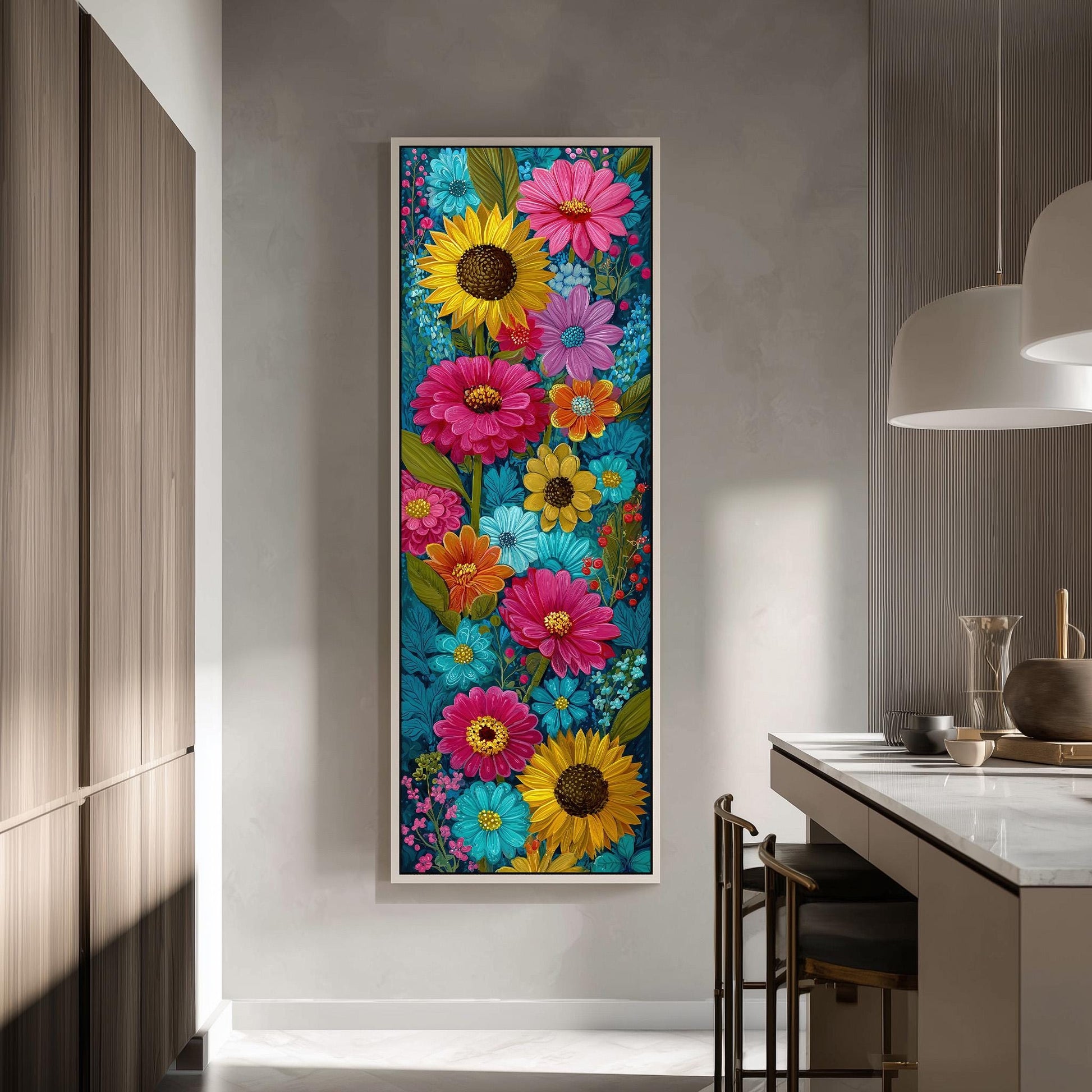 a large, colorful painting of flowers hanging on a wall in a modern kitchen.