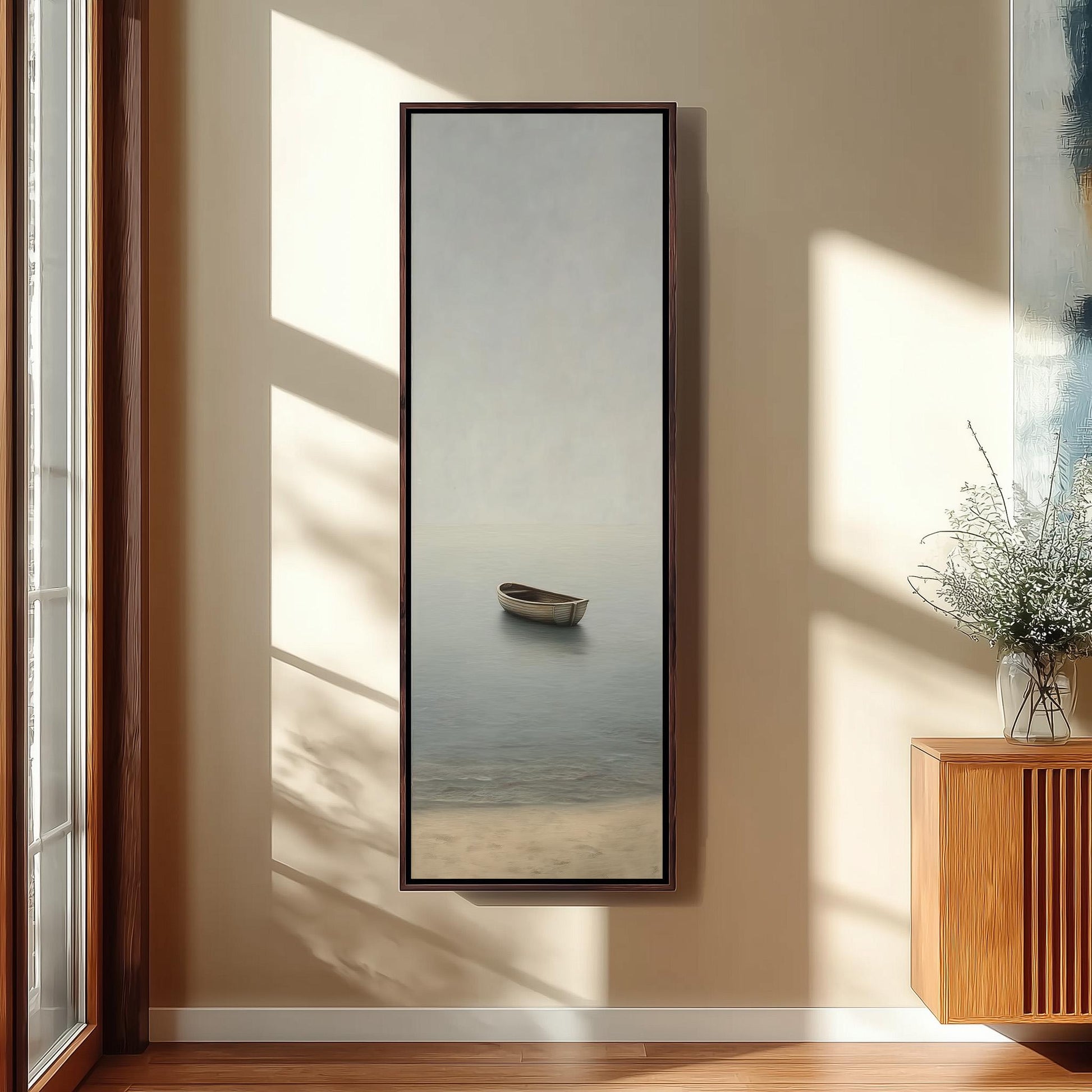 a serene scene of a small boat floating on a calm body of water, with a wooden cabinet and a vase of flowers on the right side of the frame.