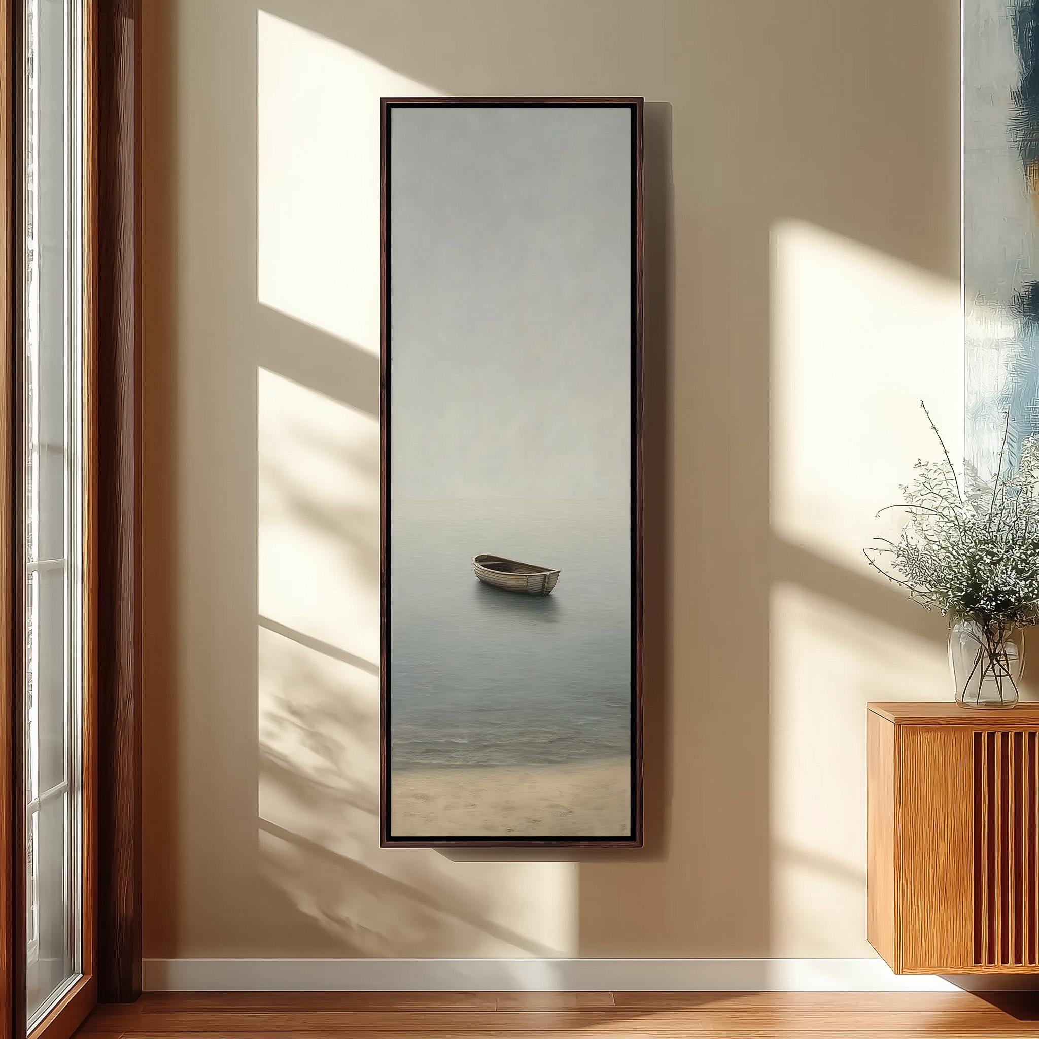a serene scene of a small boat floating on a calm body of water, with a wooden cabinet and a vase of flowers on the right side of the frame.