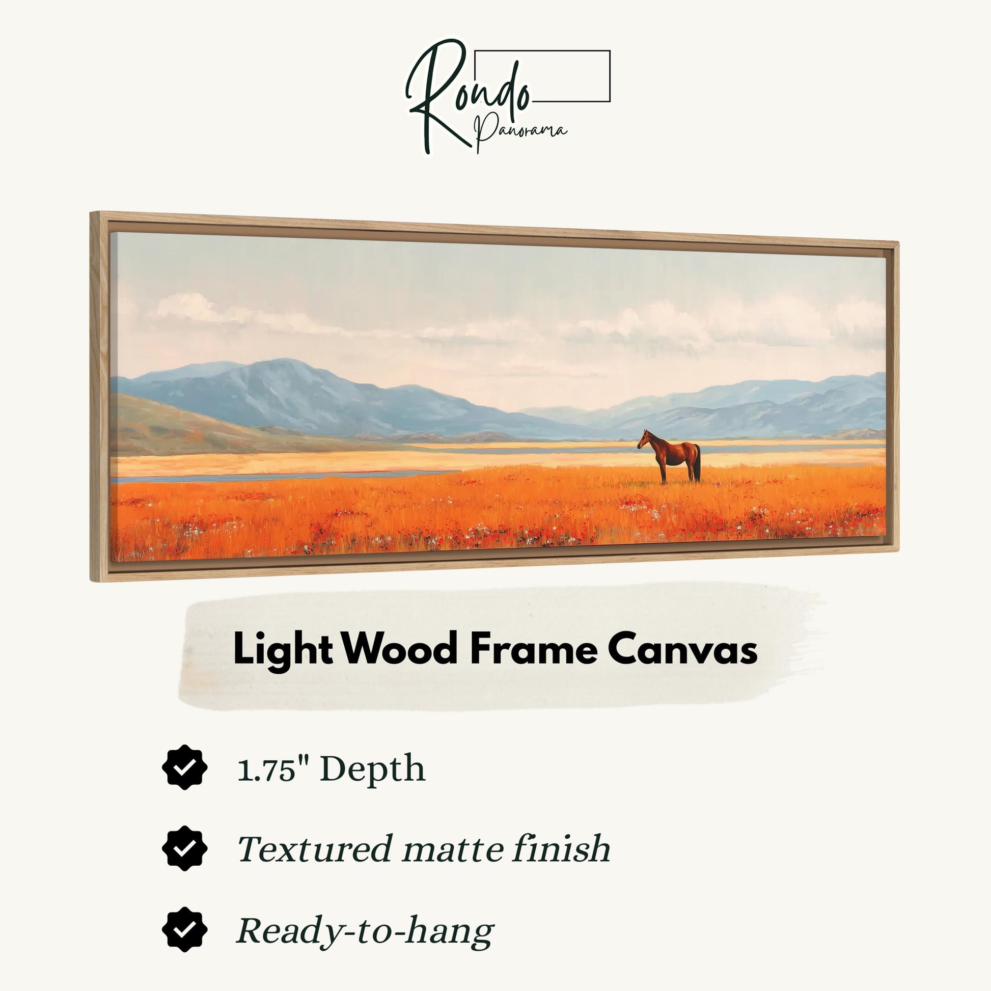 The image is a light wood frame canvas depicting a horse in a field with mountains in the background.