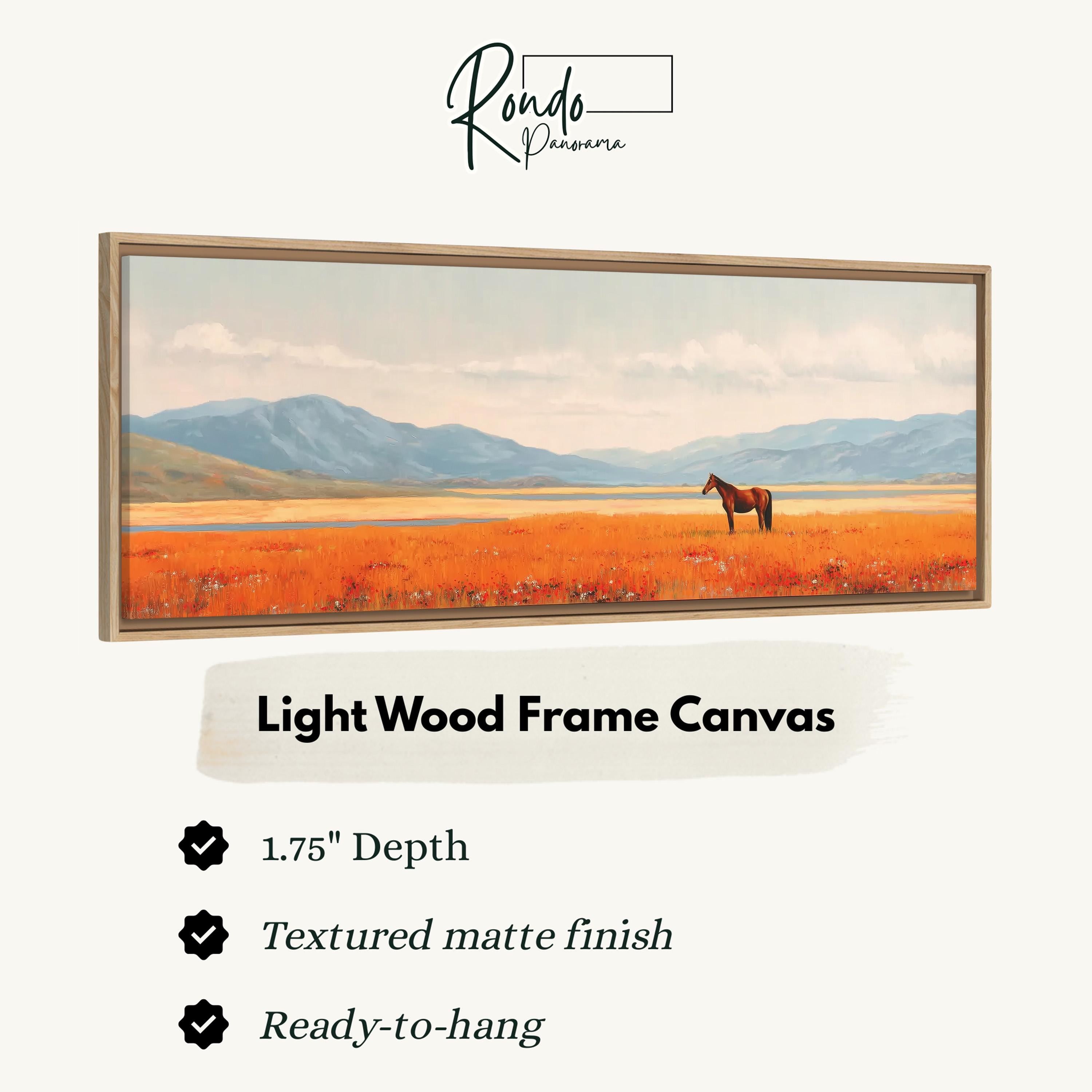 The image is a light wood frame canvas depicting a horse in a field with mountains in the background.