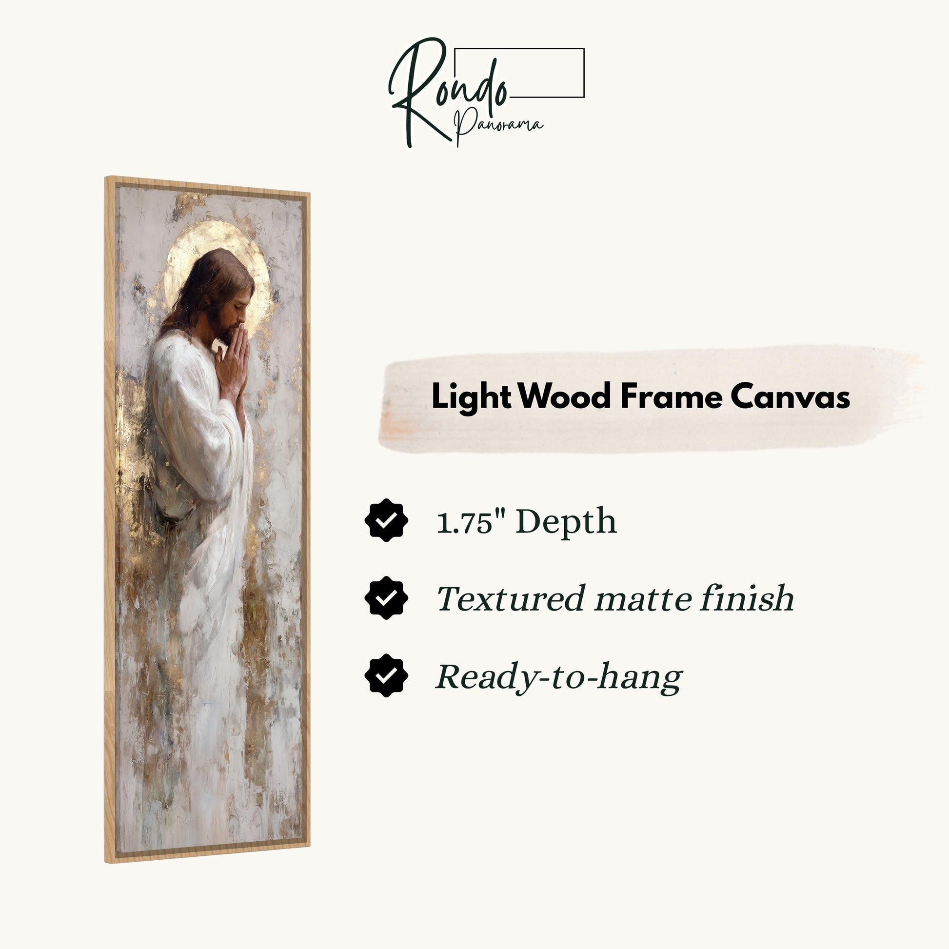 The image is a framed painting of Jesus Christ, with a light wood frame.