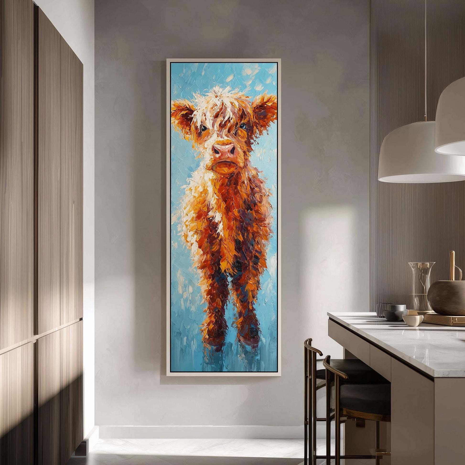 a large, vibrant painting of a cow, which is the central focus of the room. The painting is hanging on the wall, and it is surrounded by various objects, including a dining table, chairs, and a vase. The overall scene appears to be a modern and stylish interior design.