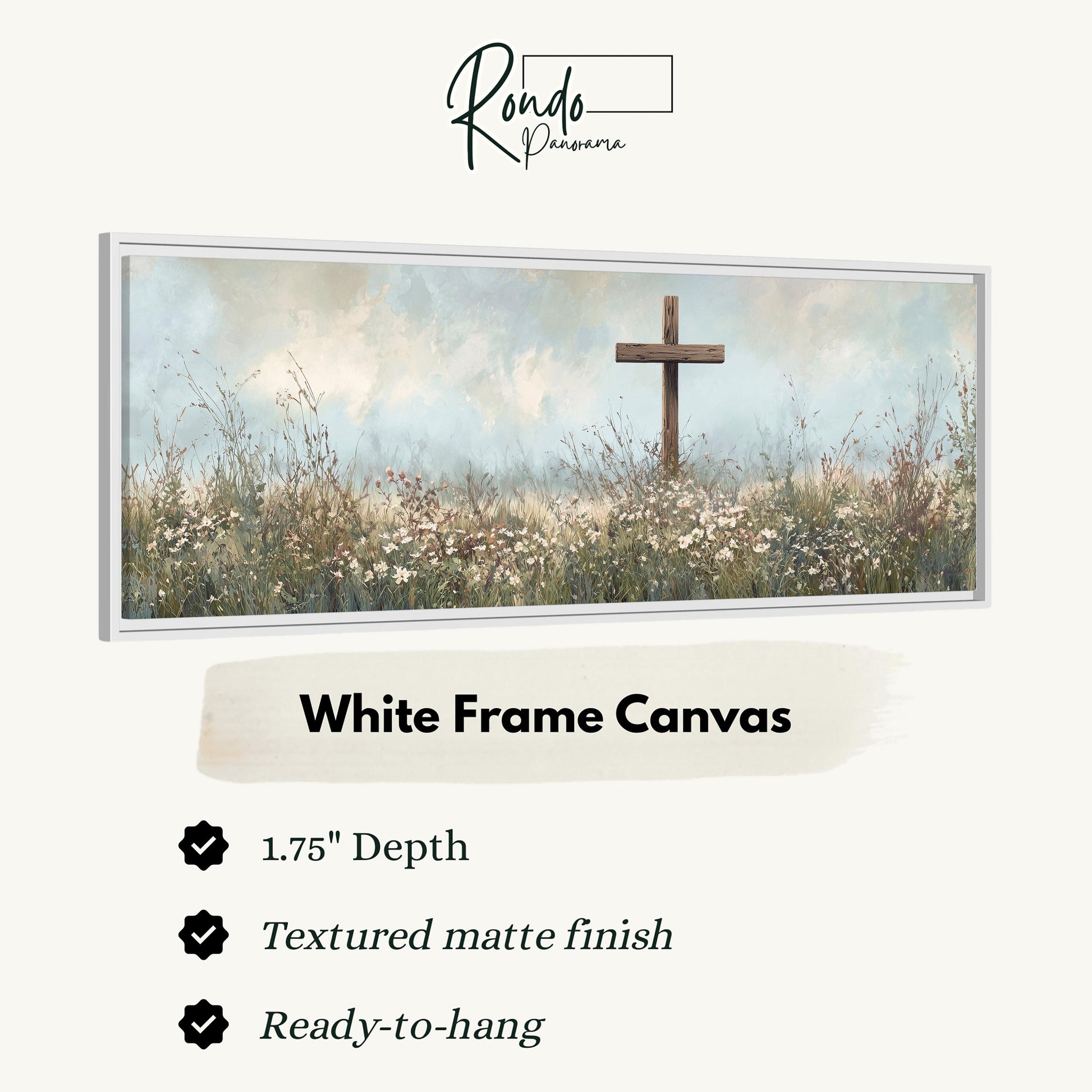 The image is a white frame canvas depicting a cross in a field of flowers.