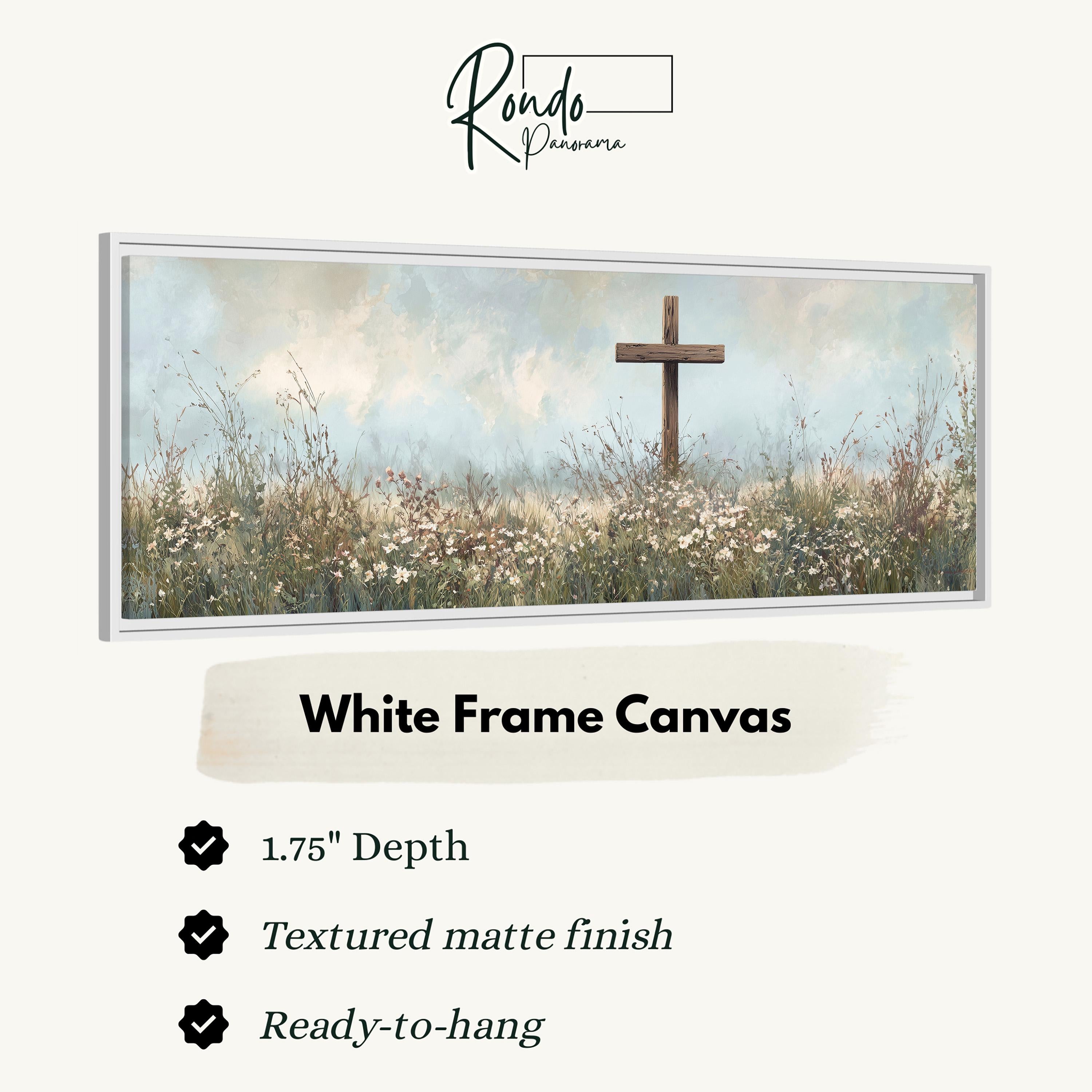 The image is a white frame canvas depicting a cross in a field of flowers.