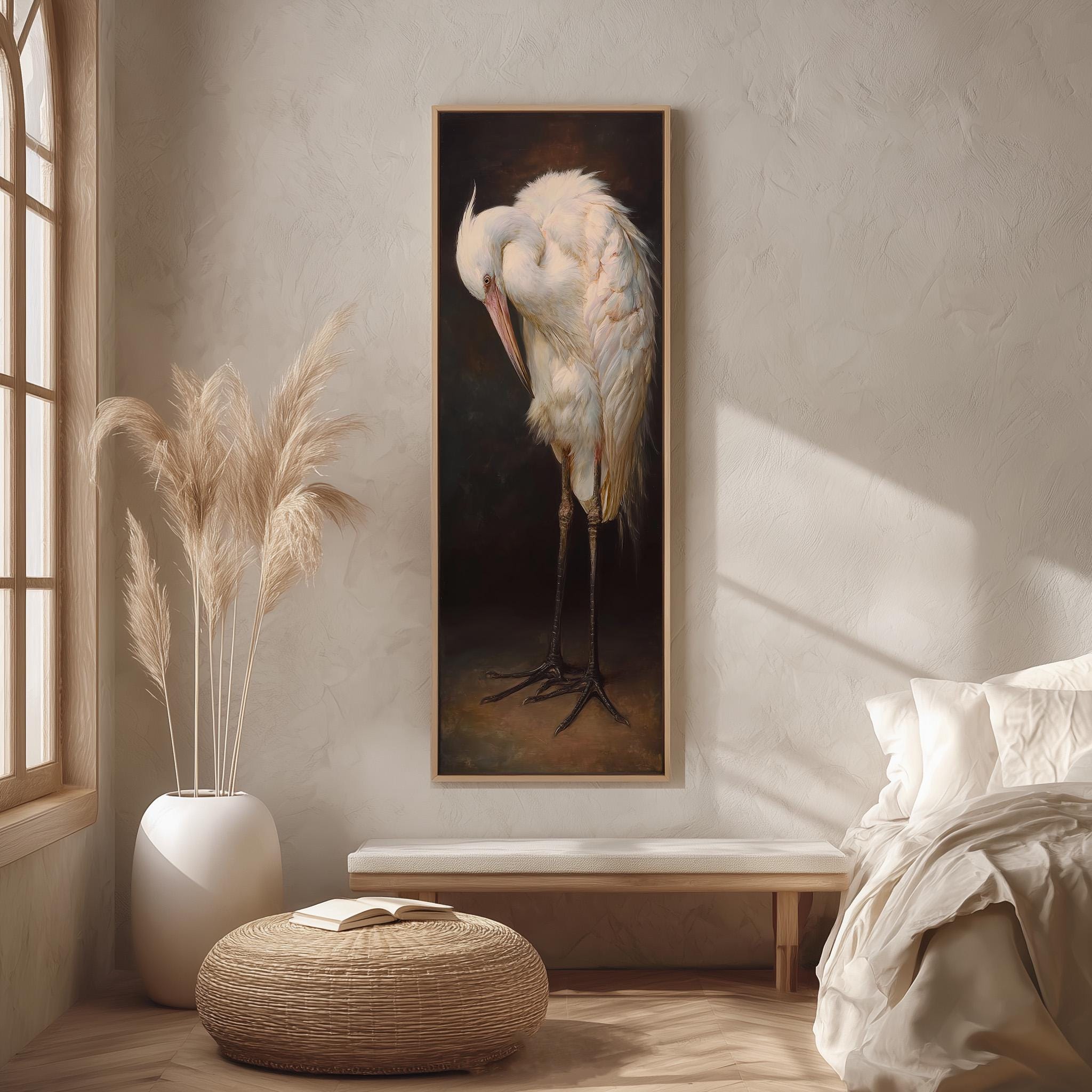 a large painting of a white crane standing on a wooden bench, with a window and a white bed in the background.